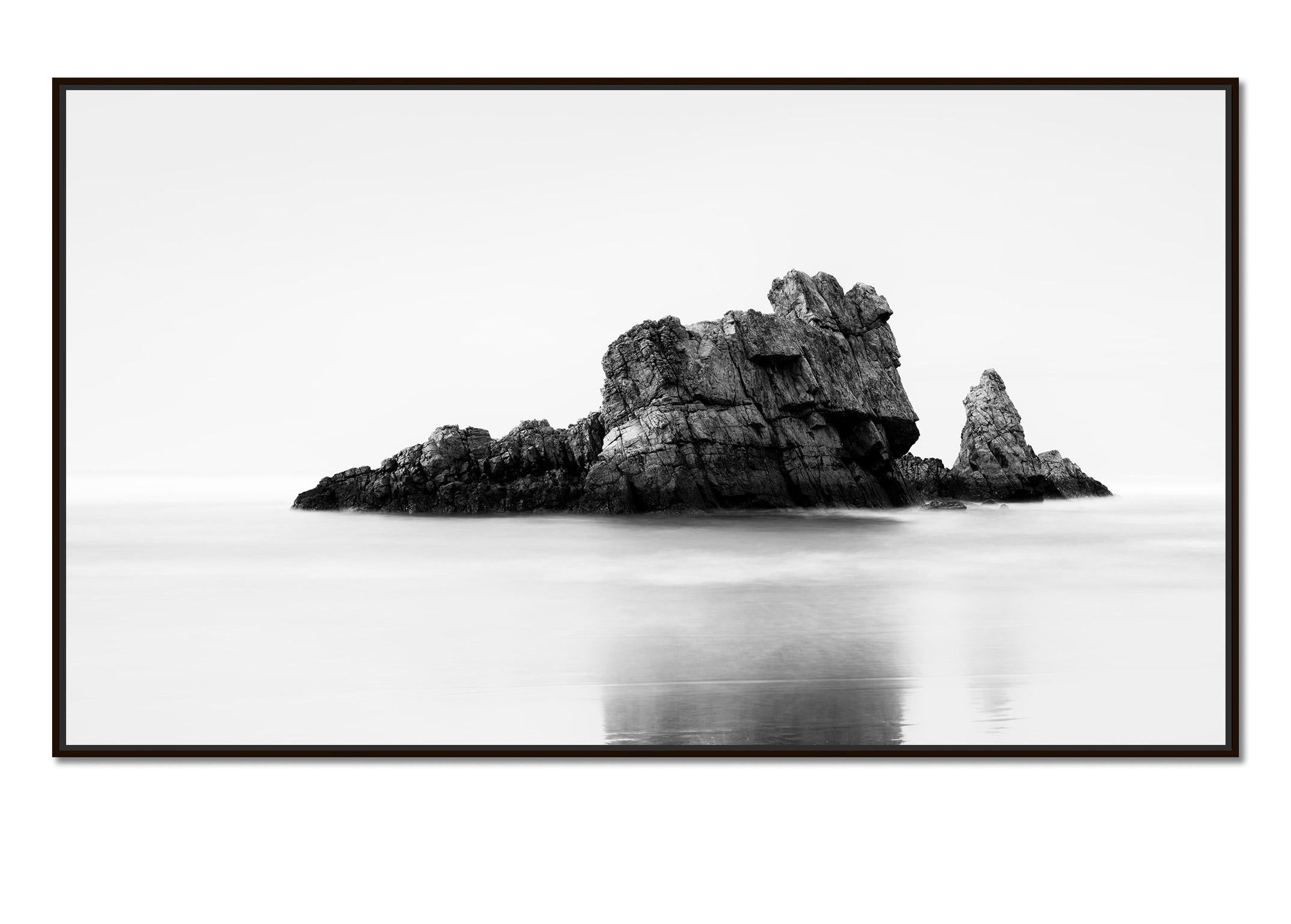 Rock on the Beach Panorama, Giant Rock, black and white, seascape, photography - Photograph by Gerald Berghammer