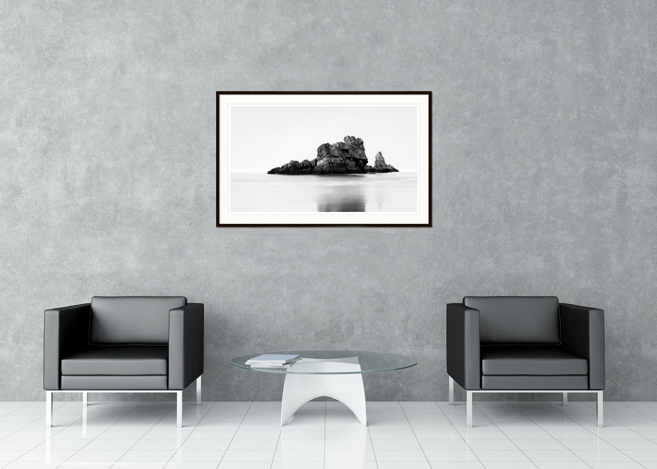 Rock on the Beach Panorama, Giant Rock, black and white, seascape, photography For Sale 1
