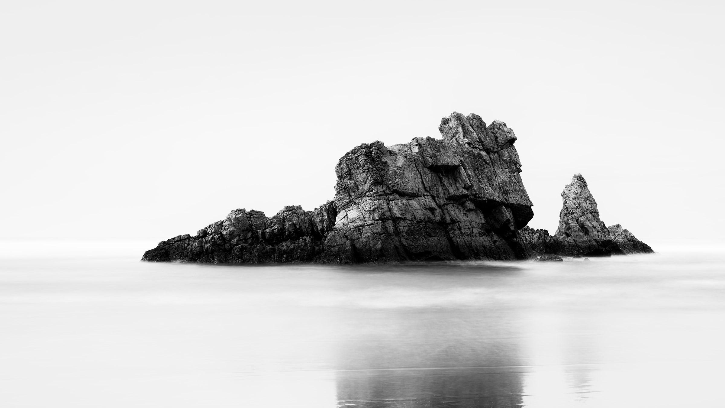 Gerald Berghammer Black and White Photograph - Rock on the Beach Panorama, Giant Rock, black and white, seascape, photography
