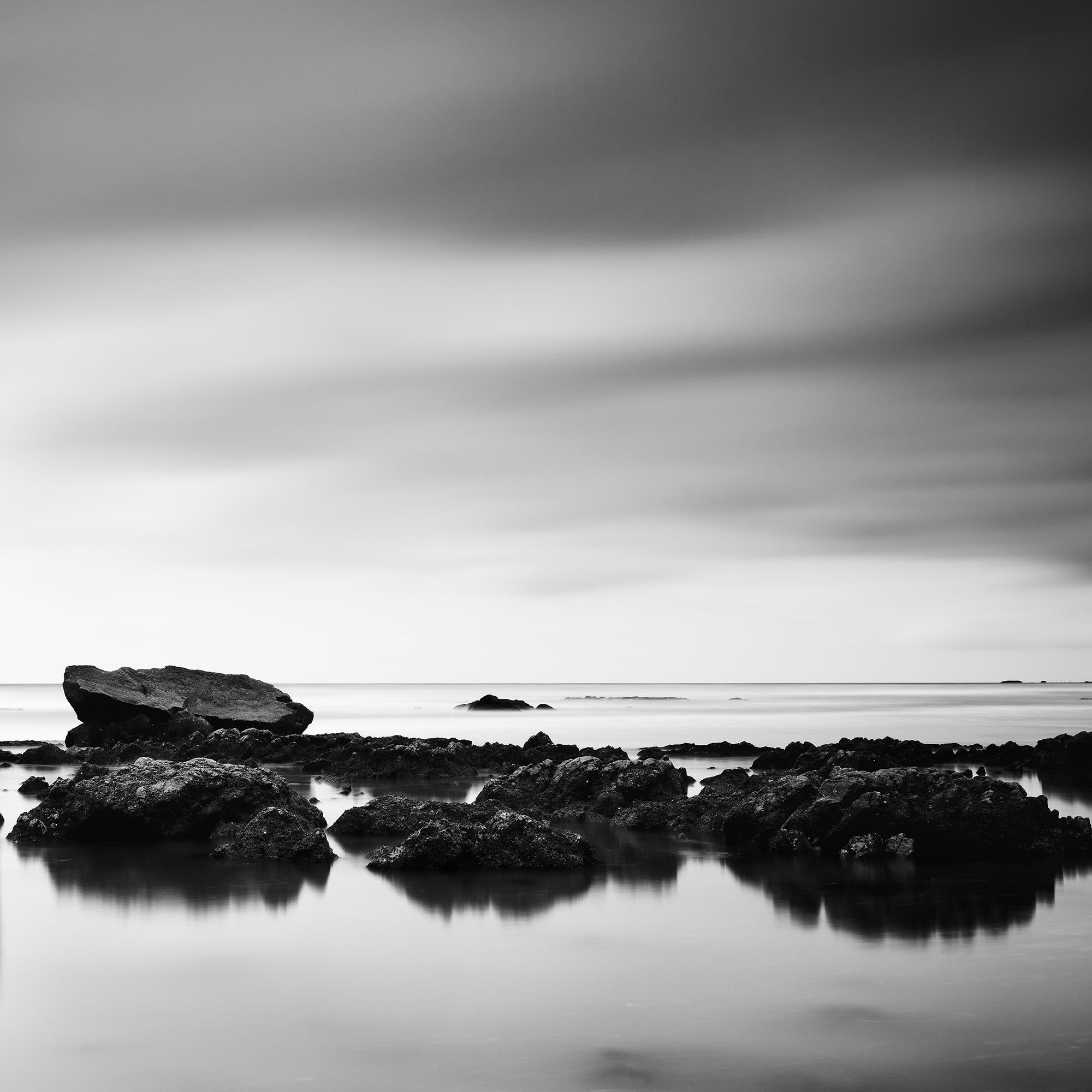 Beach Rock Panorama, shoreline, France, black and white photography, landscape For Sale 5