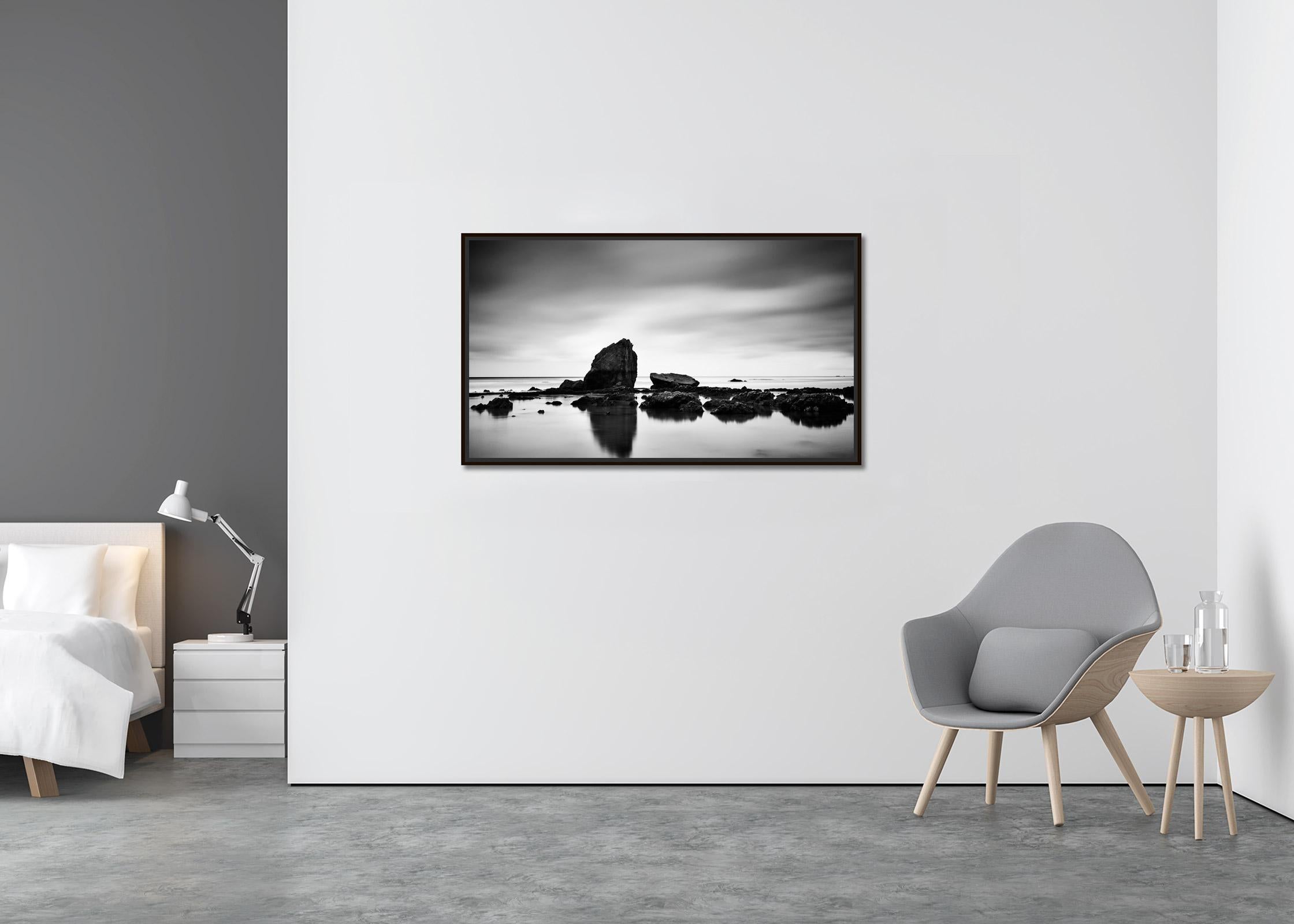 Beach Rock Panorama, shoreline, France, black and white photography, landscape - Land Photograph by Gerald Berghammer