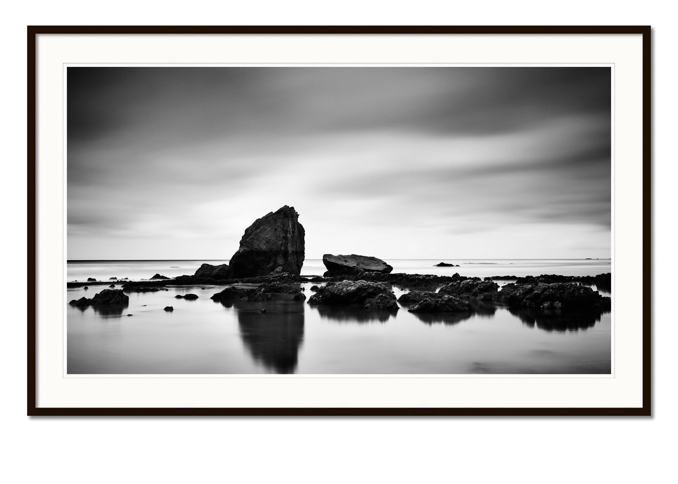 Beach Rock Panorama, shoreline, France, black and white photography, landscape - Gray Landscape Photograph by Gerald Berghammer