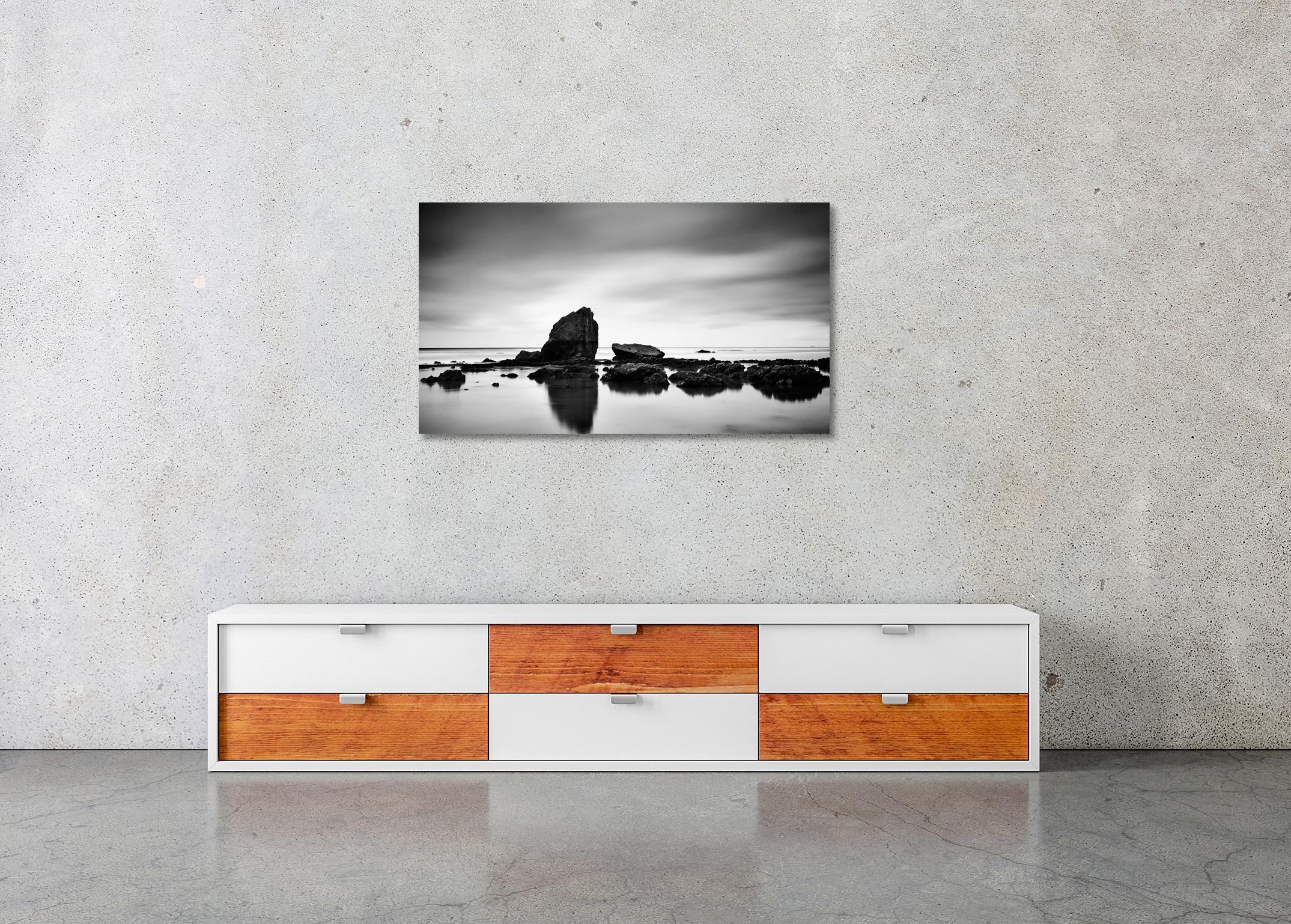 Beach Rock Panorama, shoreline, France, black and white photography, landscape For Sale 2
