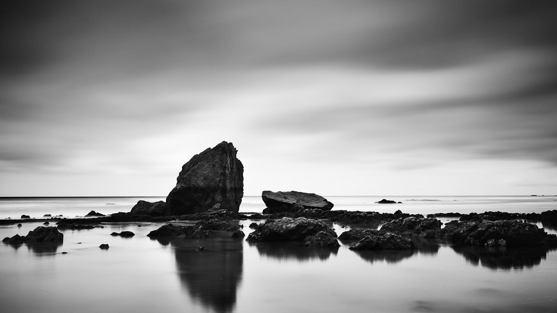 Gerald Berghammer Landscape Photograph - Beach Rock Panorama, shoreline, France, black and white photography, landscape