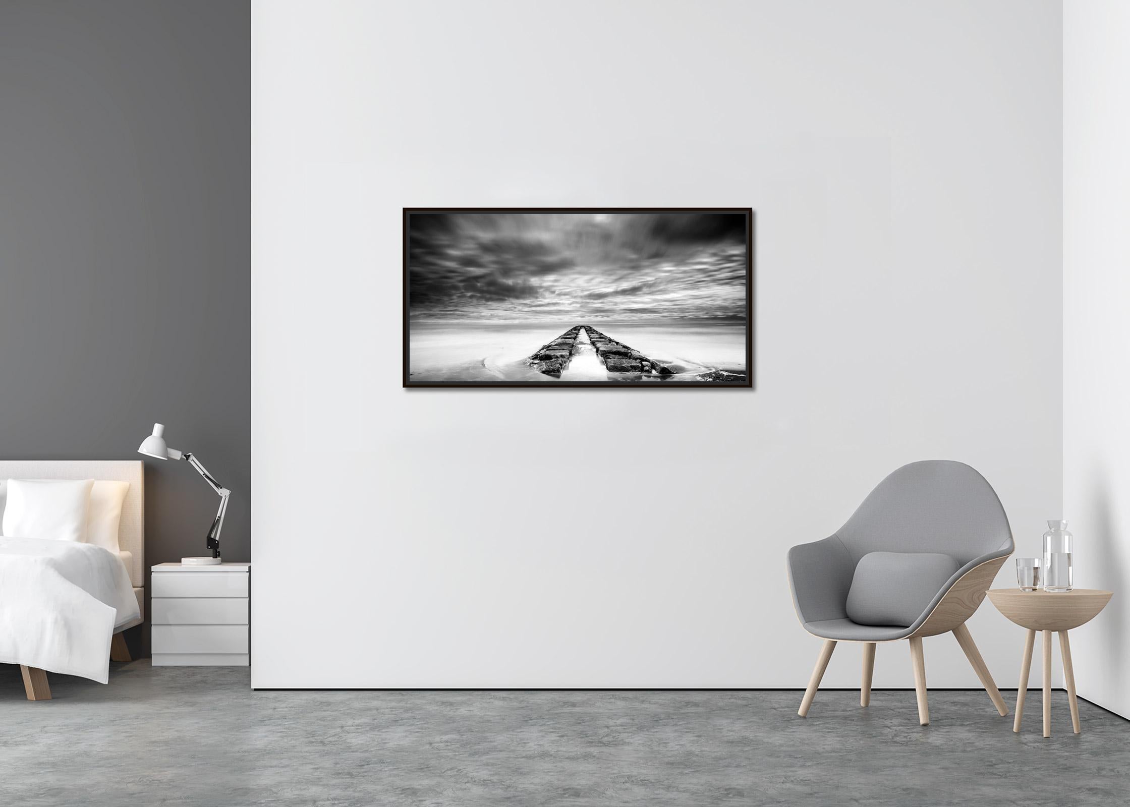 Rock Pier Panorama, stormy, cloudy, black white fine art photography, landscape - Contemporary Photograph by Gerald Berghammer
