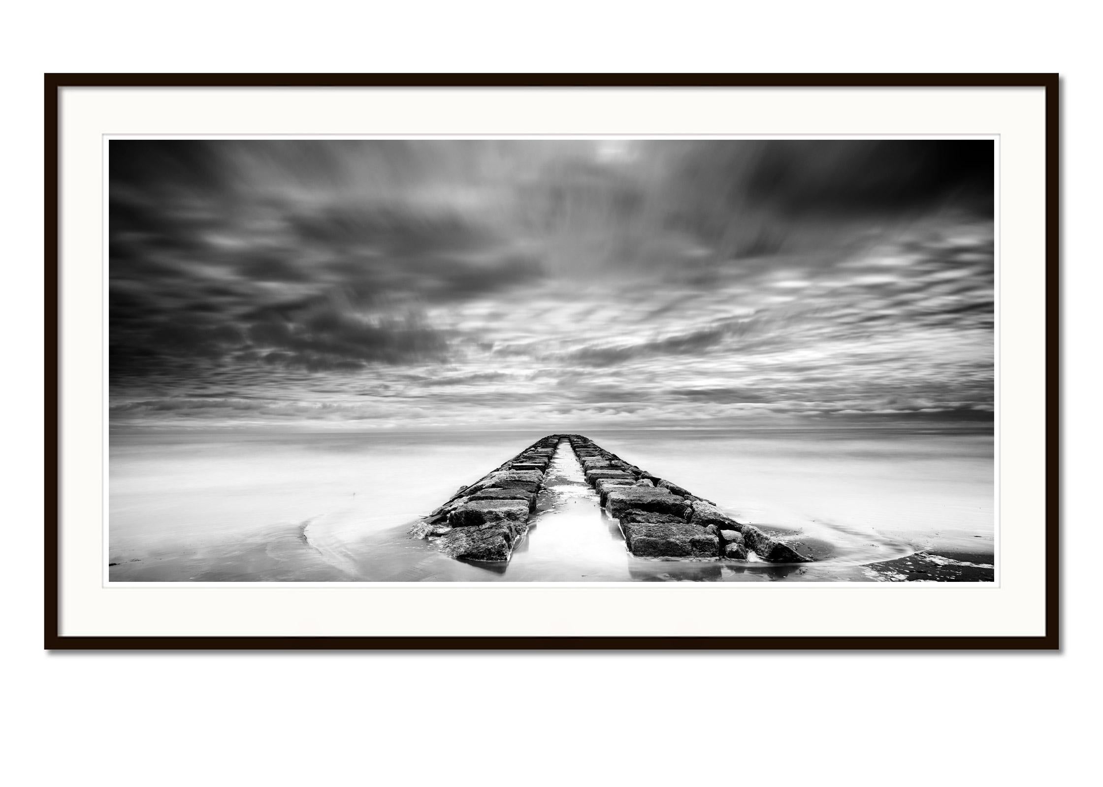 Rock Pier Panorama, stormy, cloudy, black white fine art photography, landscape - Gray Landscape Photograph by Gerald Berghammer