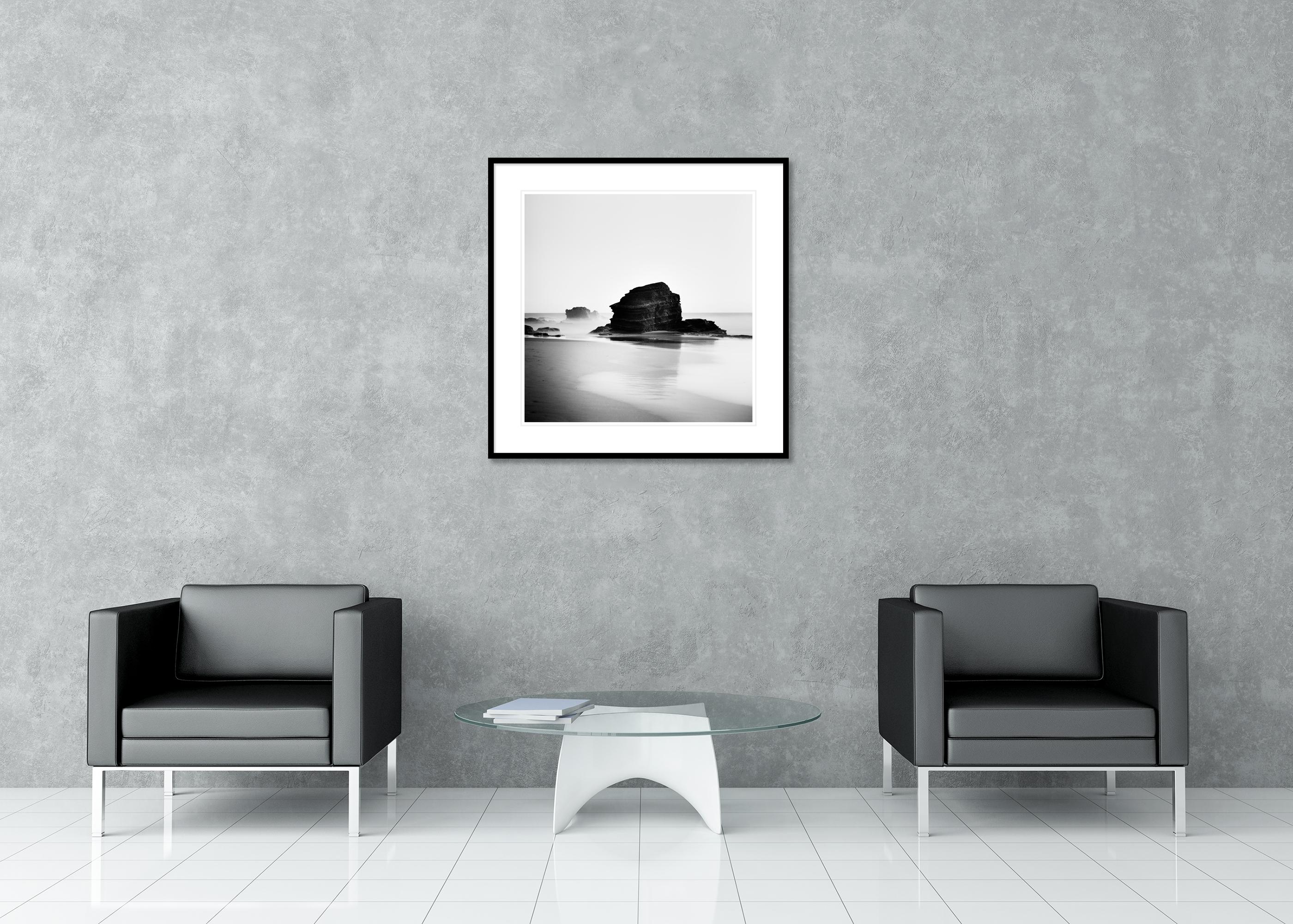 Black and white fine art waterscape - landscape photography. Giant rocks in the surf on the beach in Portugal. Archival pigment ink print, edition of 9. Signed, titled, dated and numbered by artist. Certificate of authenticity included. Printed with
