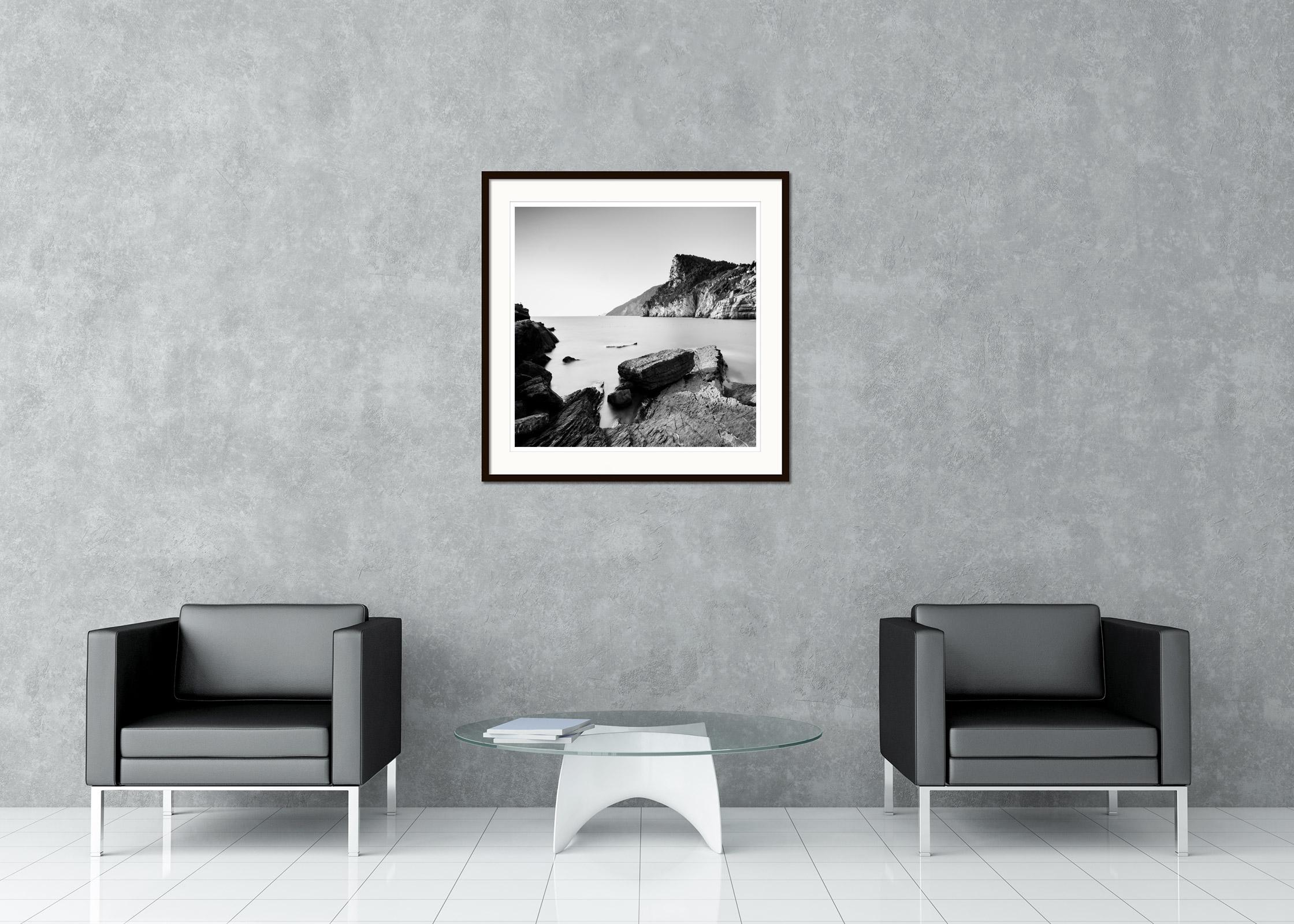 Black and white fine art long exposure waterscape - landscape photography. Rocky Coast of Porto Venere, Cinque Terre, Italy. Archival pigment ink print as part of a limited edition of 9. All Gerald Berghammer prints are made to order in limited