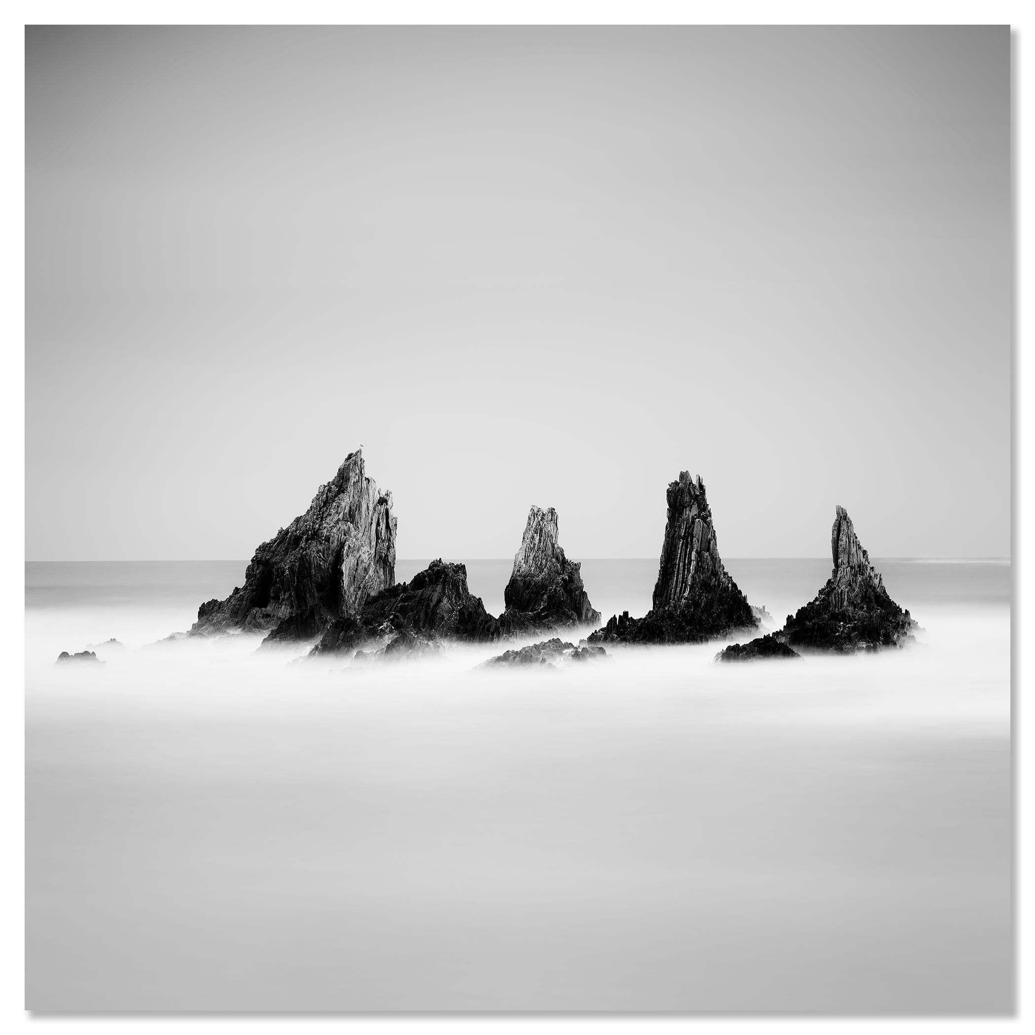Picos rocosos, Océano Atlántico, Formación rocosa, España, blanco y negro, paisaje marino en venta 3