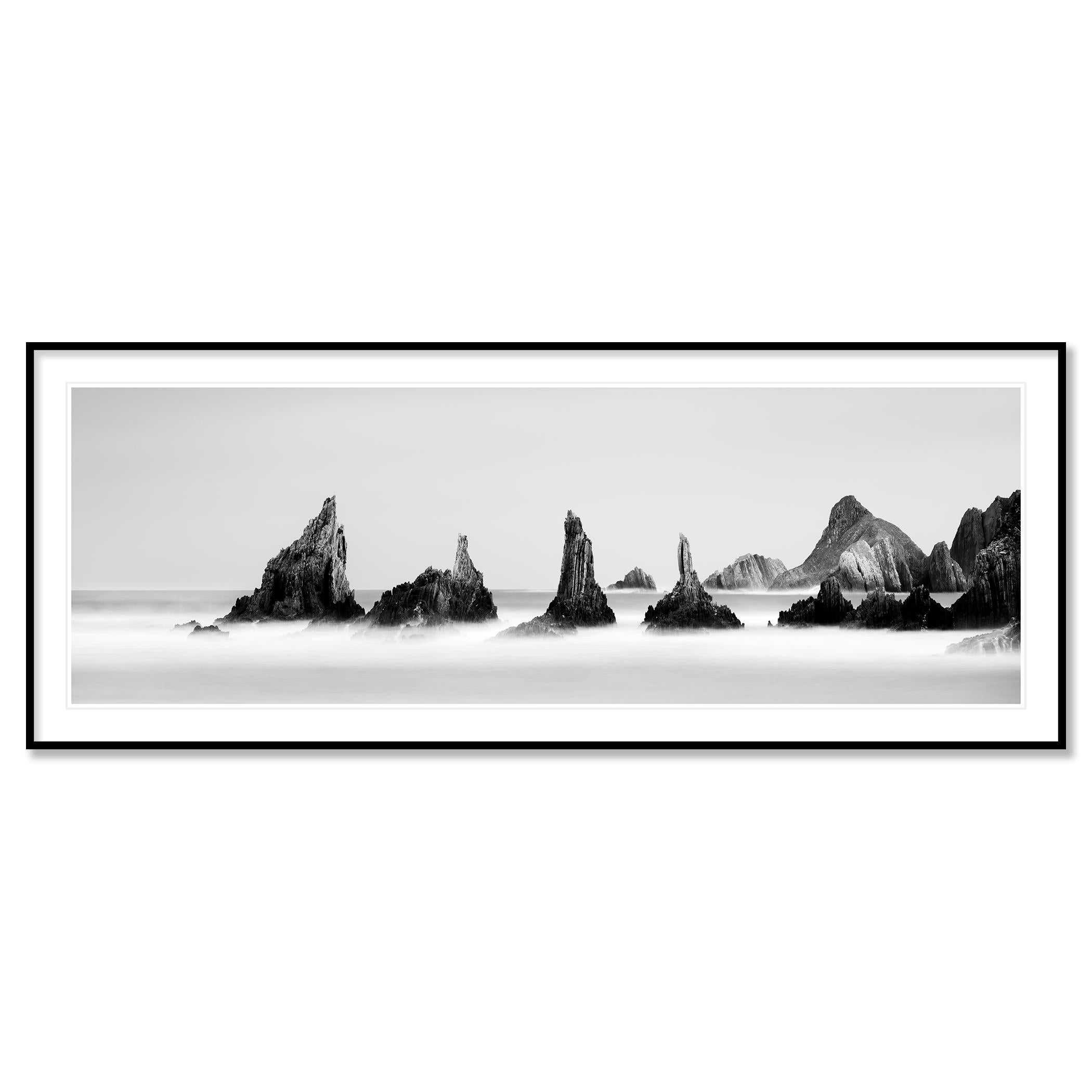 Rocky Peaks Panorama Study 1, Spain - no. 21202  Black and white fine art long exposure waterscape photography. 
Archival pigment ink print as part of a limited edition of 9. All Gerald Berghammer prints are made to order in limited editions on