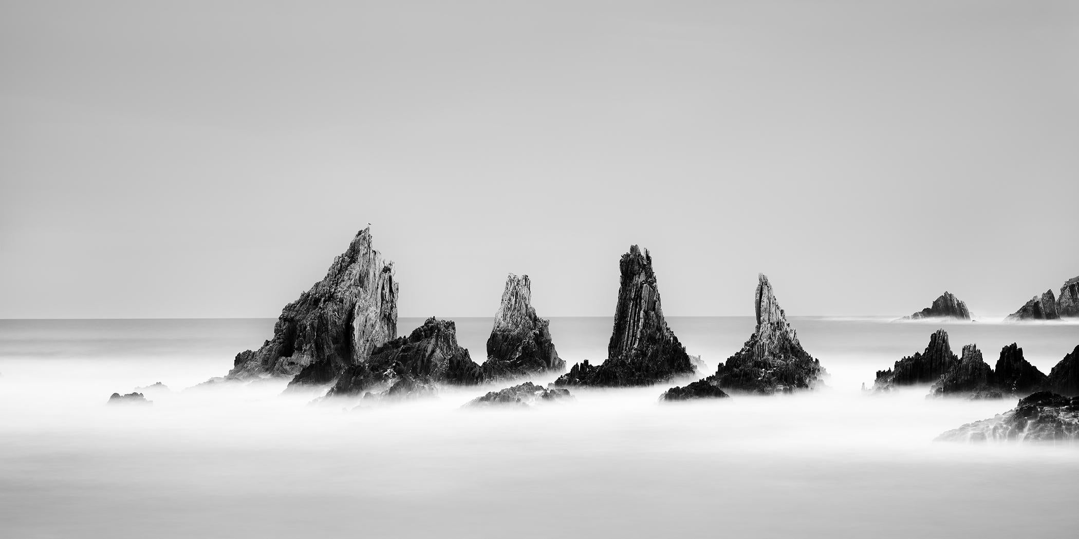 Picos rocosos, costa, Océano Atlántico, fotografía de paisaje en blanco y negro