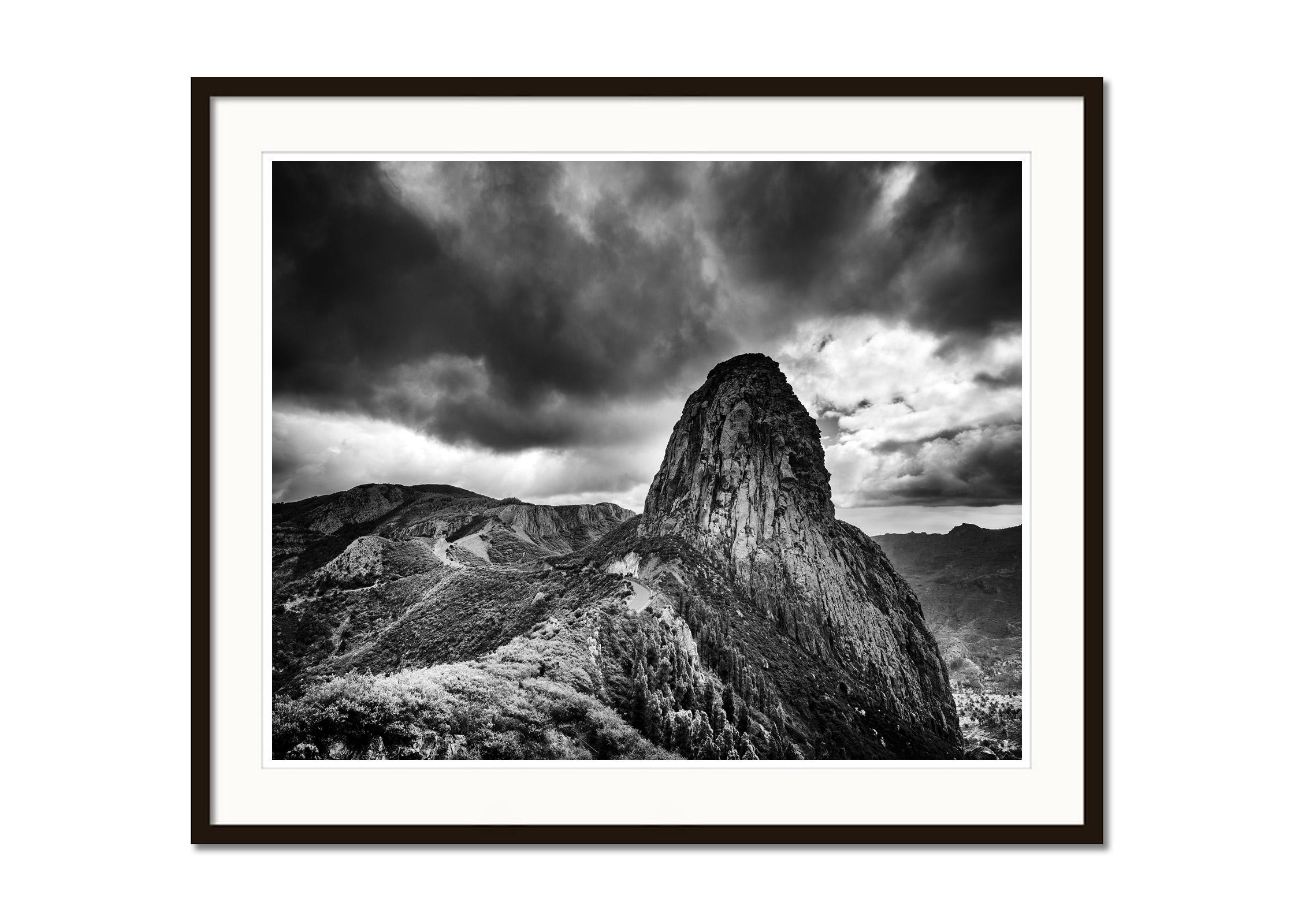 Roque de Agando, La Gomera, Spain, black and white photography, landscape - Gray Black and White Photograph by Gerald Berghammer