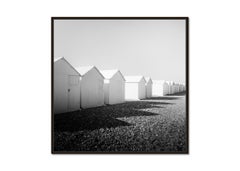 Row of Beach Huts, rocky beach, black and white, fine art, landscape photography