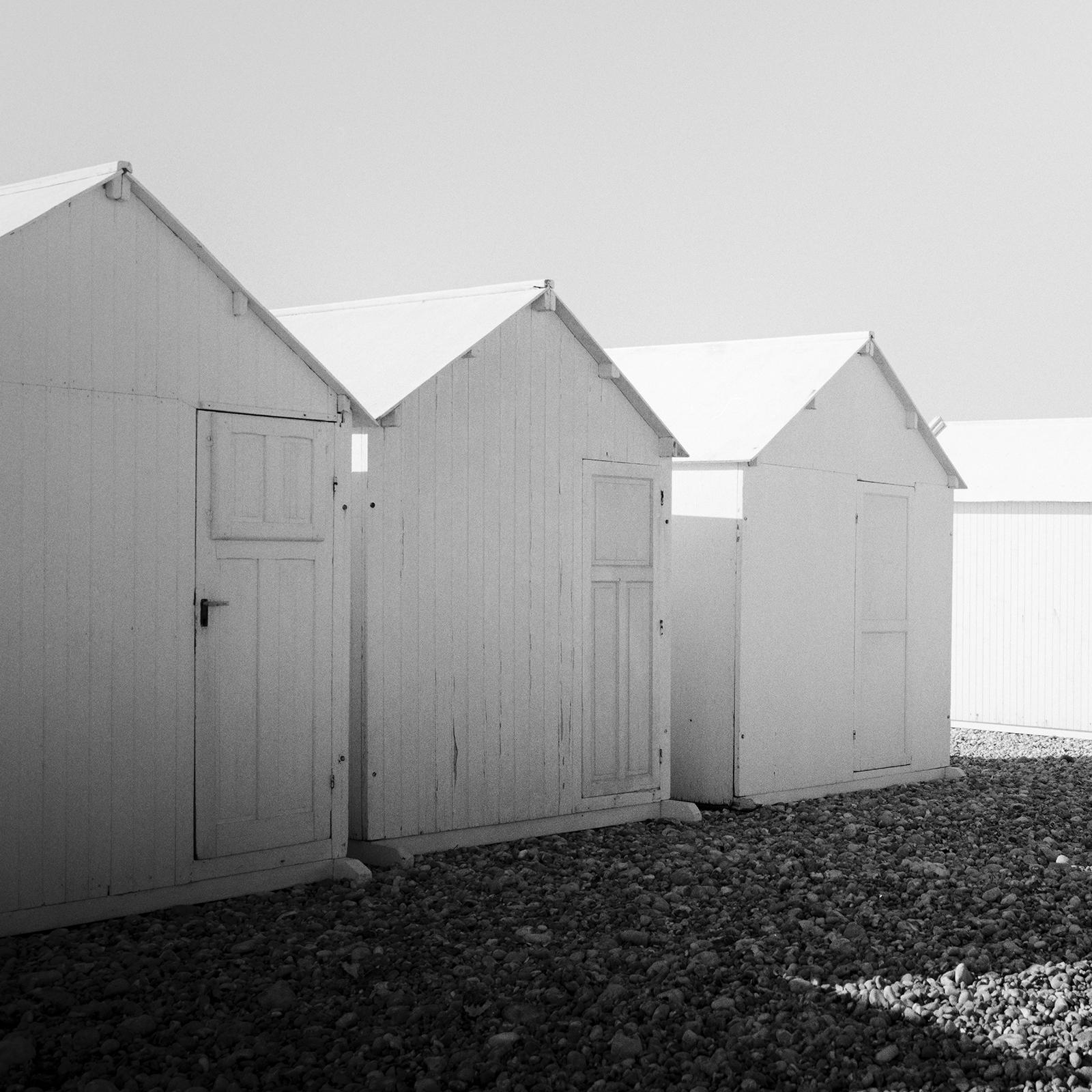 Row of Beach Huts, rocky beach, black and white, fine art, landscape photography For Sale 3