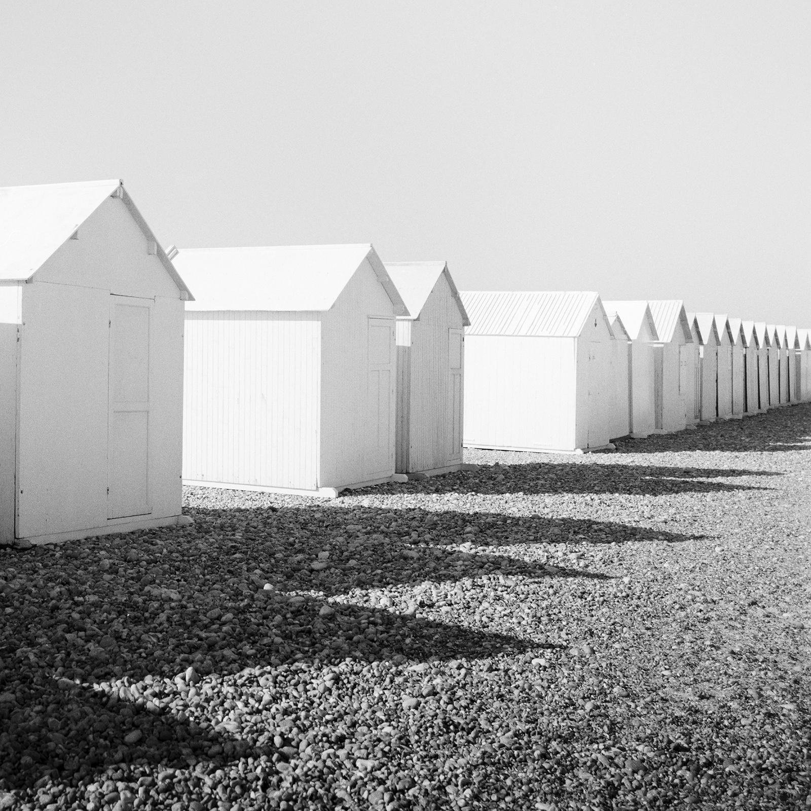 Row of Beach Huts, rocky beach, black and white, fine art, landscape photography For Sale 4
