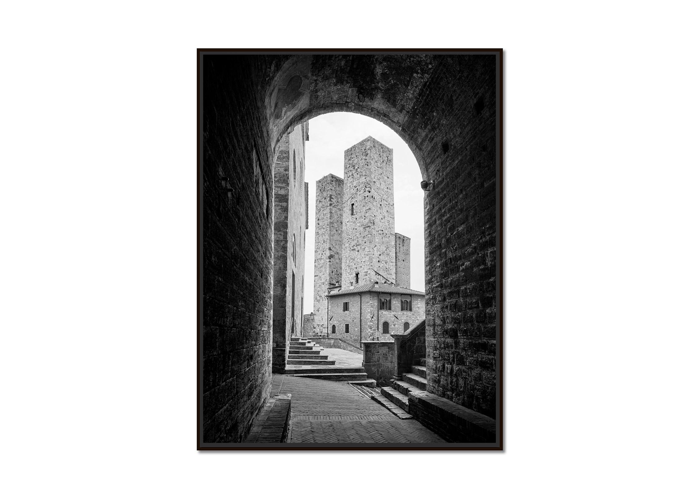 San Gimignano, Tuscany, Italy, black and white photography, architecture, print - Photograph by Gerald Berghammer