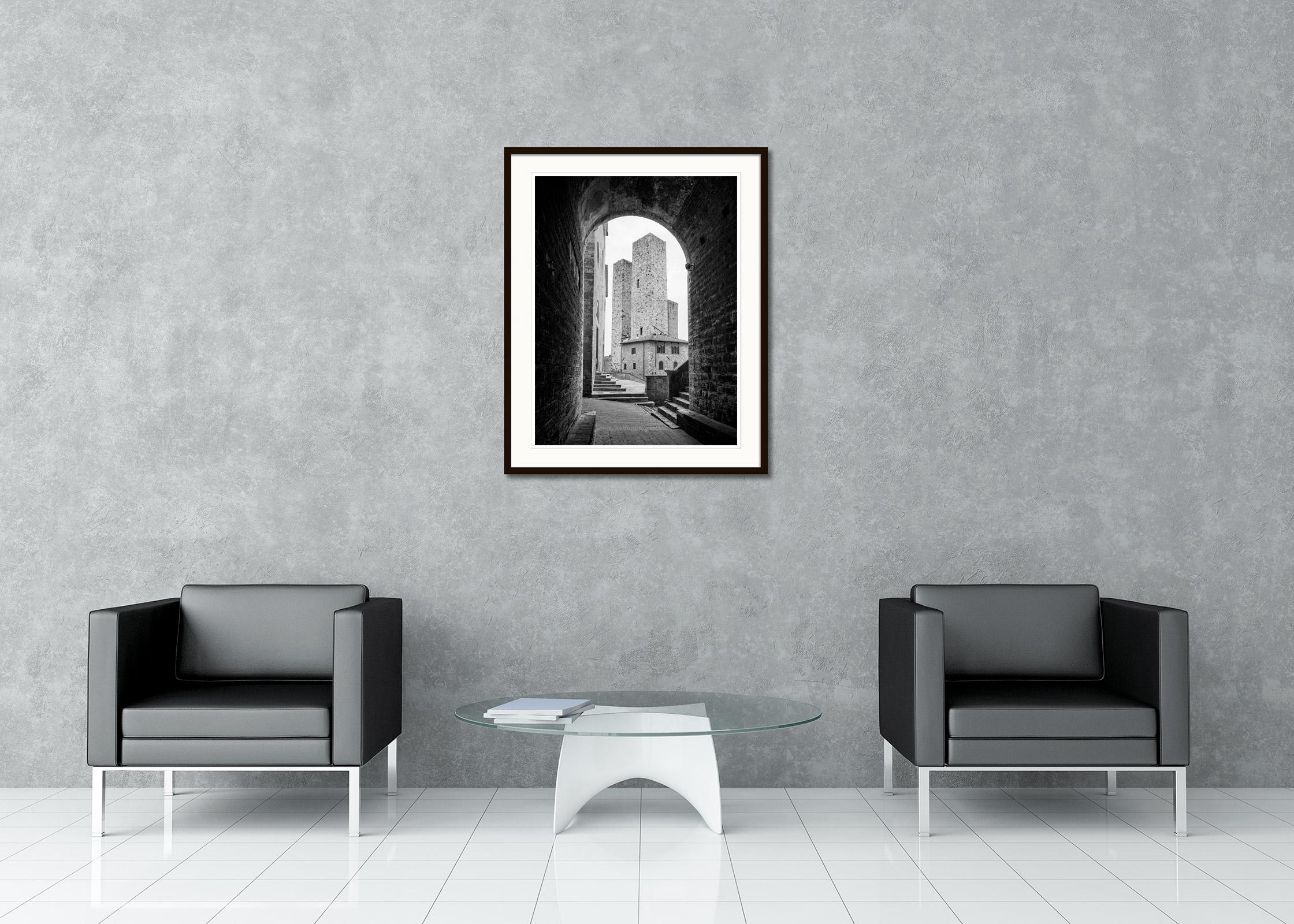 San Gimignano, Tuscany, Italy, black and white photography, architecture, print - Contemporary Photograph by Gerald Berghammer