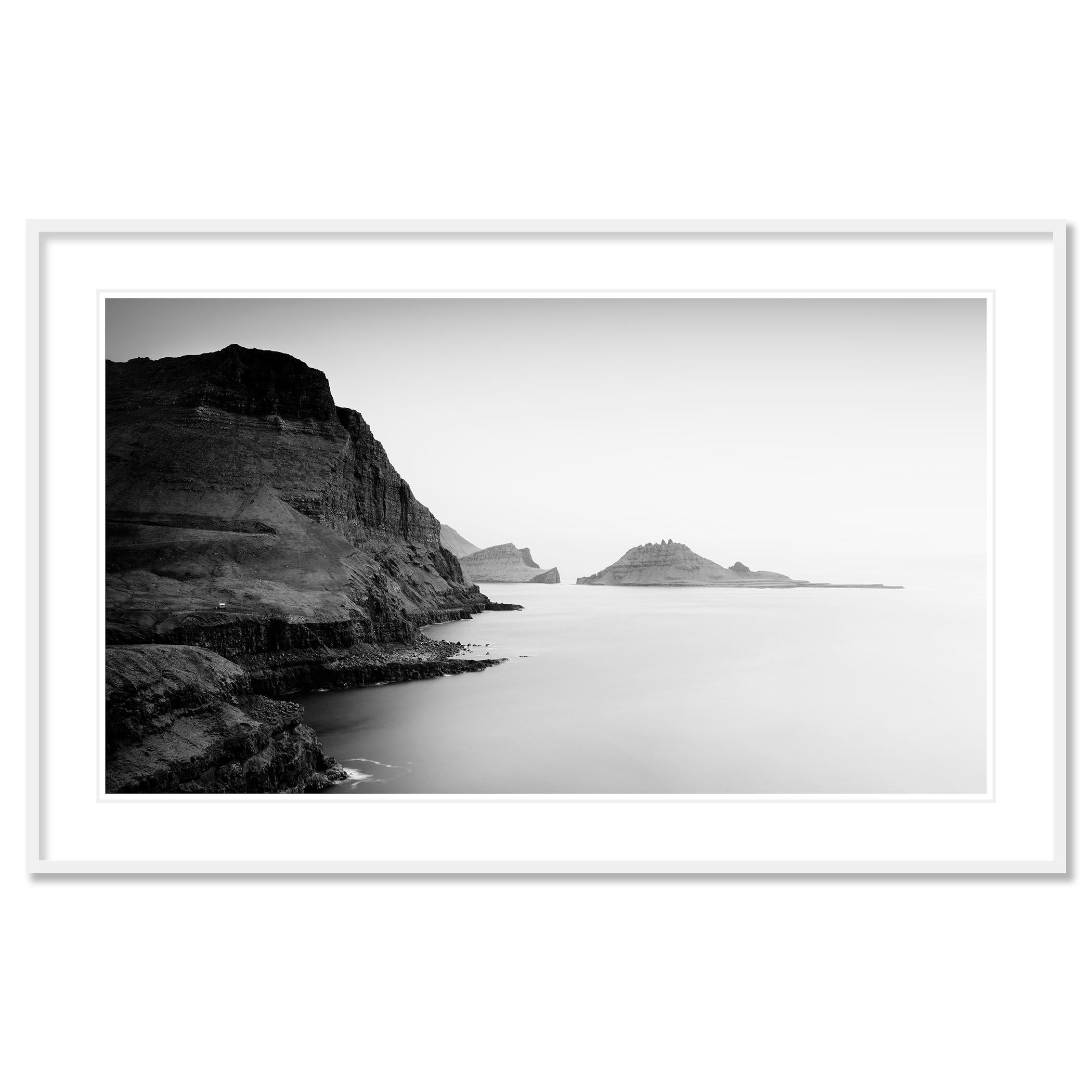 Sea Cliffs Panorama Study 1, Faroe Islands - no. 21355 // Black and white long exposure seascape photography. Archival pigment ink print as part of a limited edition of 7. Prints are made to order in limited editions on Hahnemuehle Photo Rag Baryta.