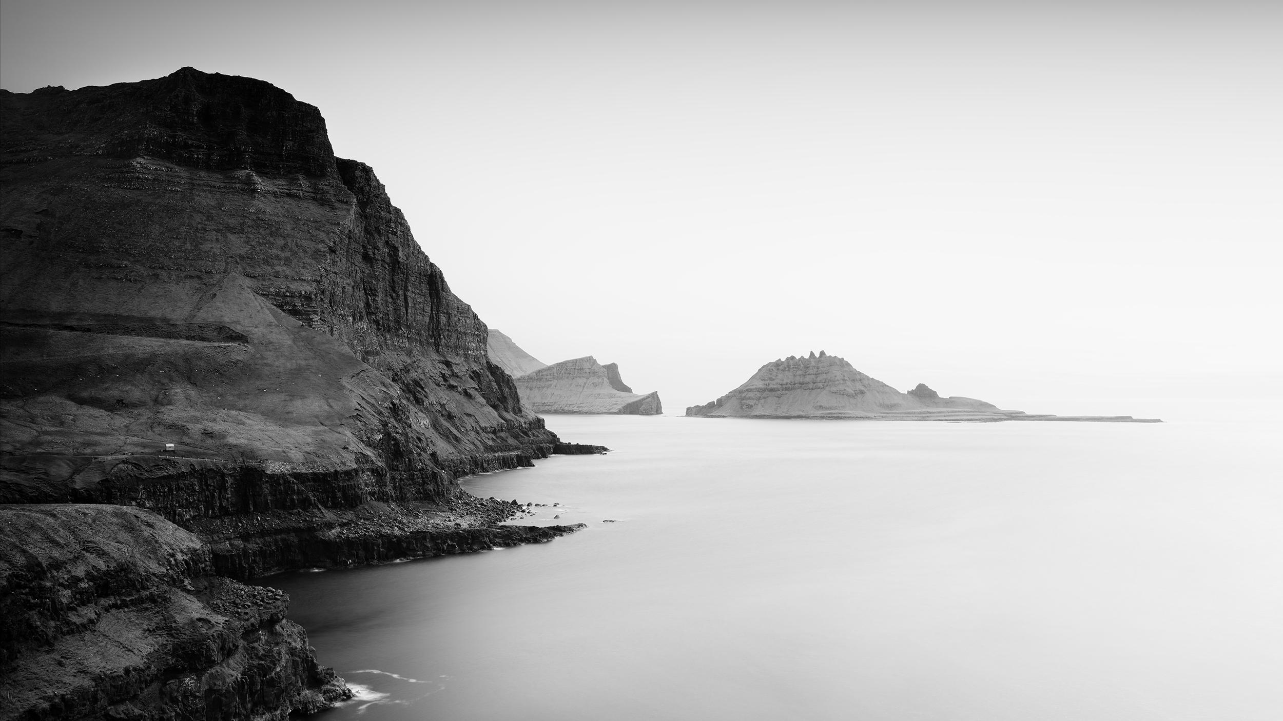 Gerald Berghammer Black and White Photograph - Sea Cliffs Panorama, Faroe Islands, monochrome large photography limited edition