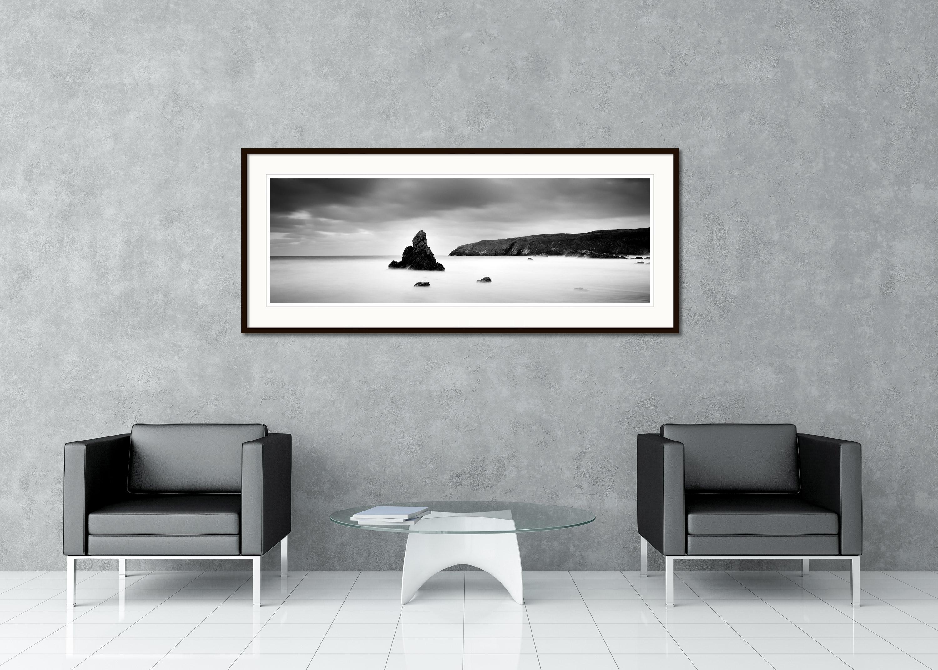 Sea Stack Panorama, shoreline, Scotland, black and white landscape photography - Gray Landscape Photograph by Gerald Berghammer