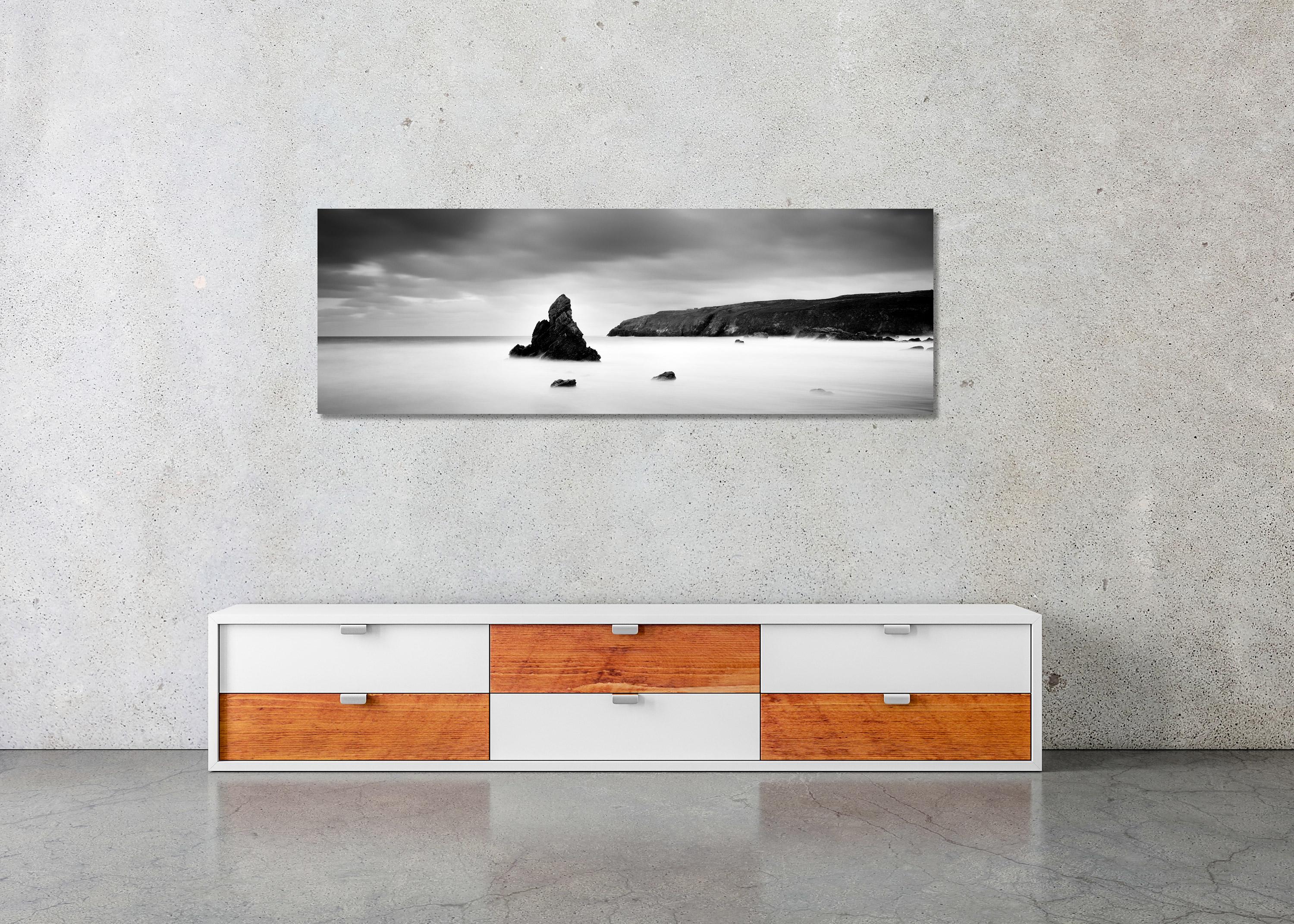 Sea Stack Panorama, shoreline, Scotland, black and white landscape photography For Sale 1