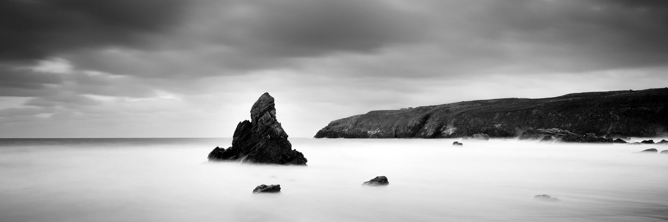 Sea Stack Panorama, shoreline, Scotland, black and white landscape photography