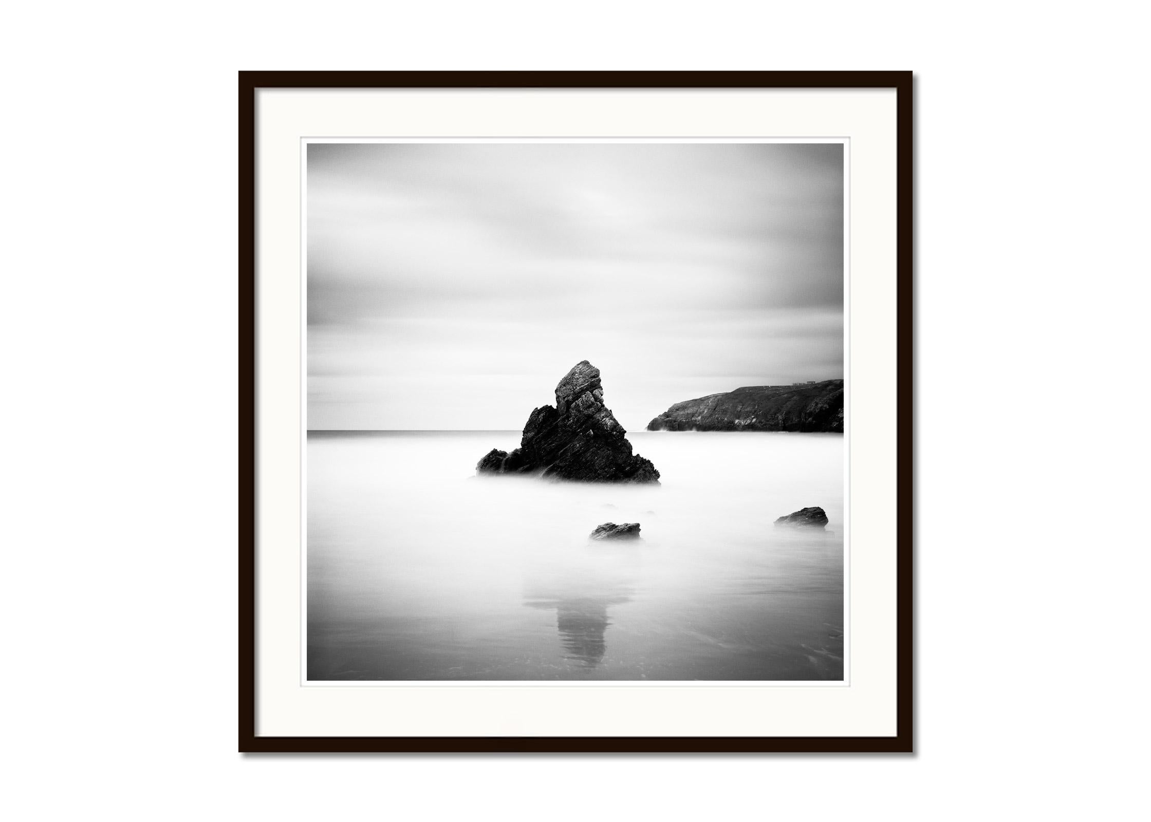 Sea Stack, scottish rocky coast, beach, Scotland, B&W landscape art photography - Gray Black and White Photograph by Gerald Berghammer