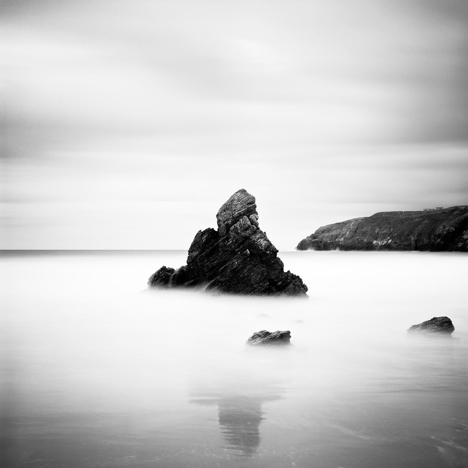 Sea Stack, Scottish rocky coast, black and white analog photography, wood frame - Photograph by Gerald Berghammer