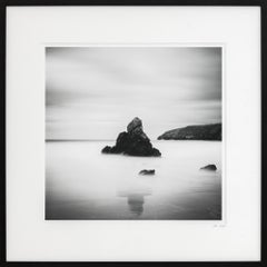 Sea Stack, Scottish rocky coast, black and white analog photography, wood frame