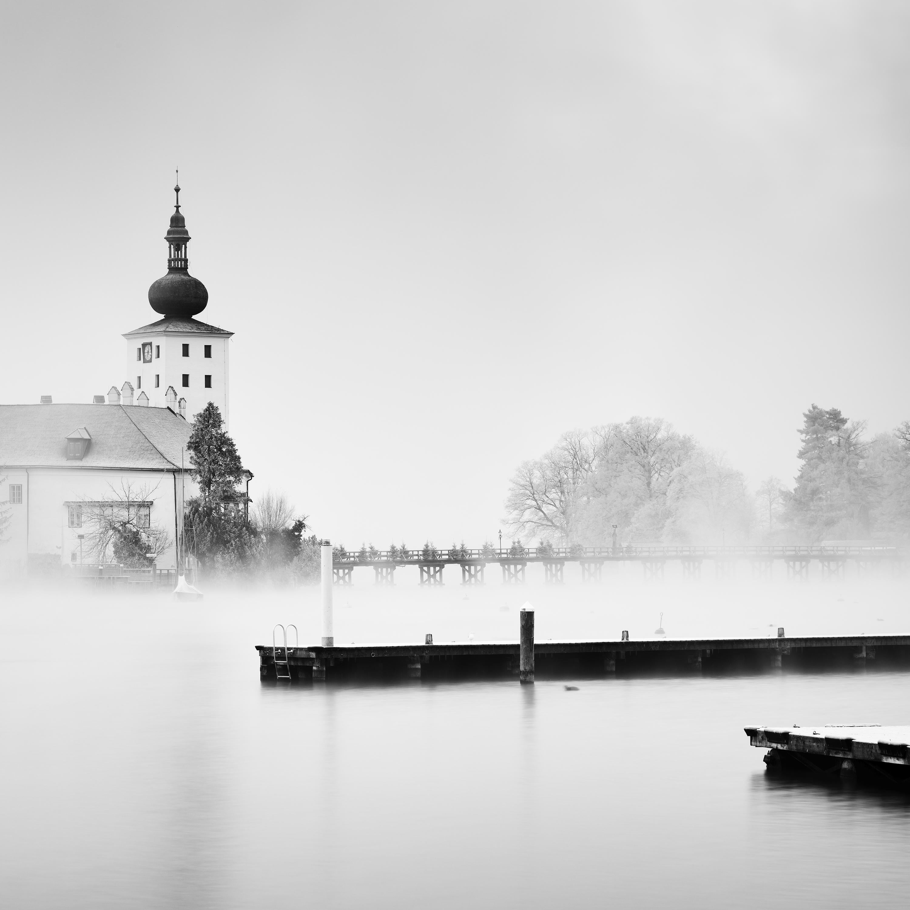 Seeschloss Ort Austria black and white long exposure waterscape art photography For Sale 5