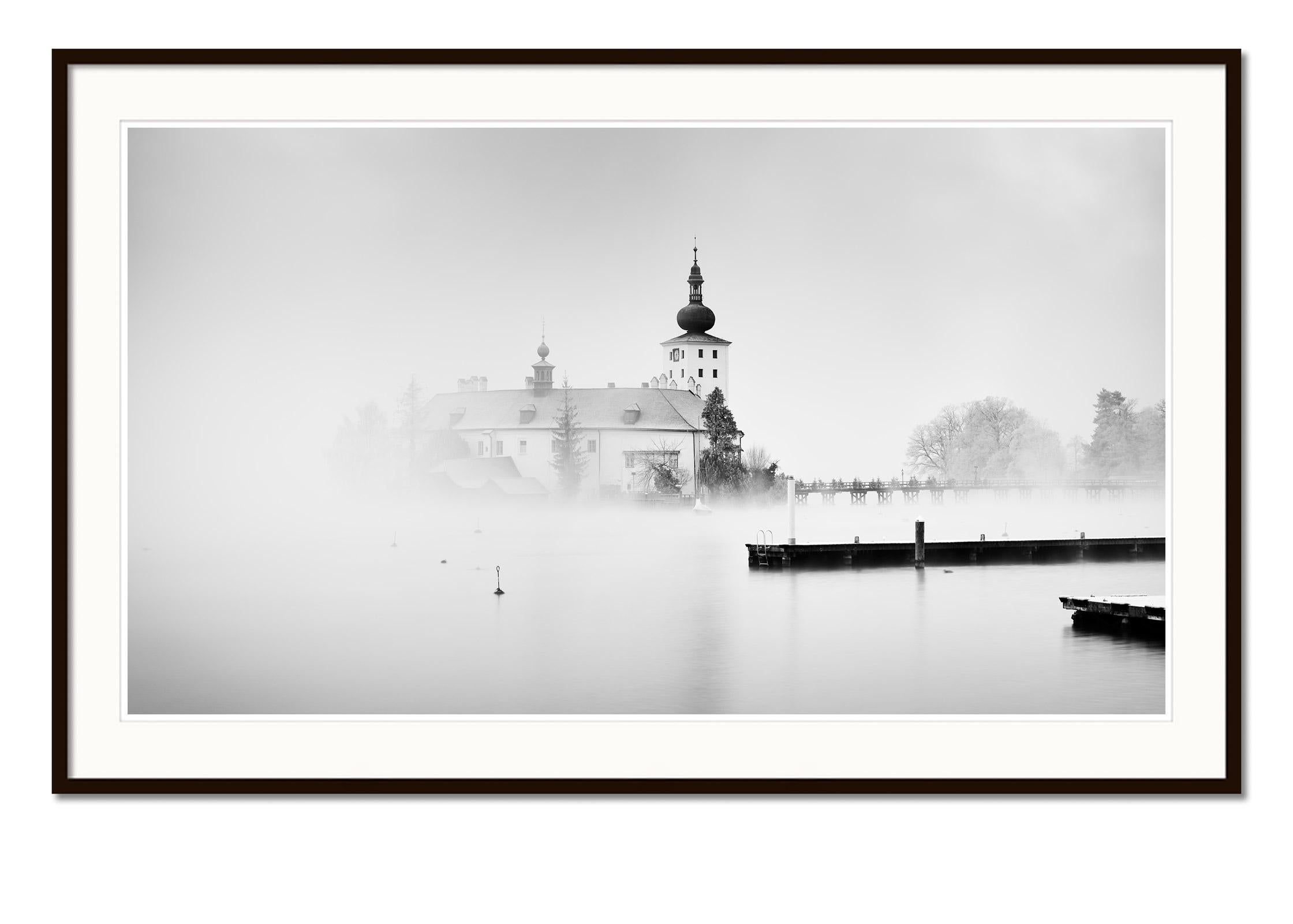 Seeschloss Ort Austria black and white long exposure waterscape art photography - Gray Landscape Photograph by Gerald Berghammer