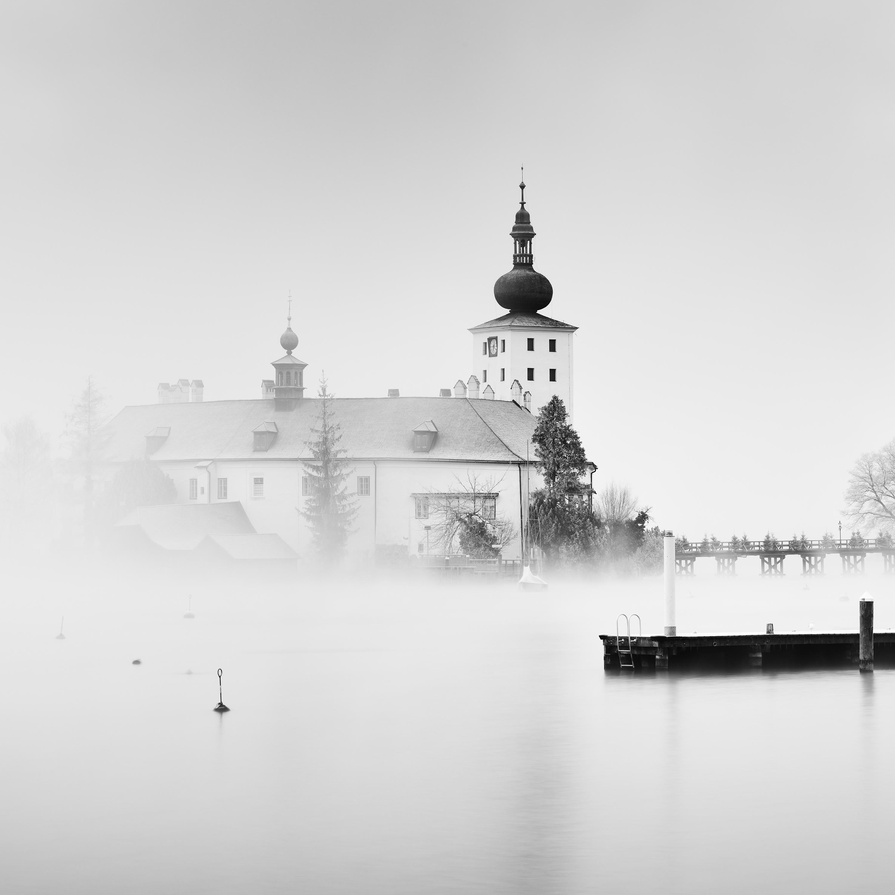 Seeschloss Ort Austria black and white long exposure waterscape art photography For Sale 4