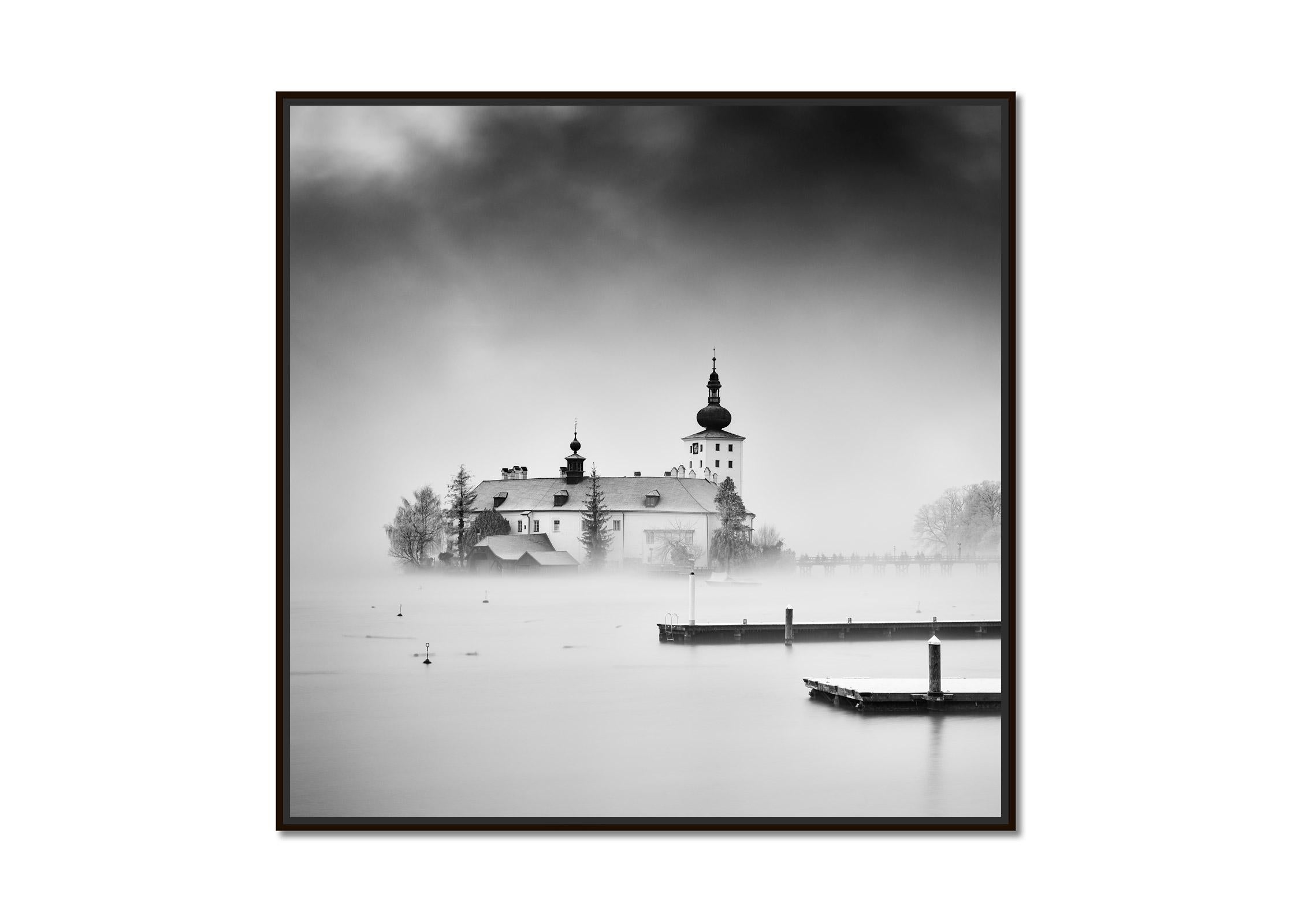 Seeschloss Ort, Gmunden, Austria, black and white art, landscape photography - Photograph by Gerald Berghammer