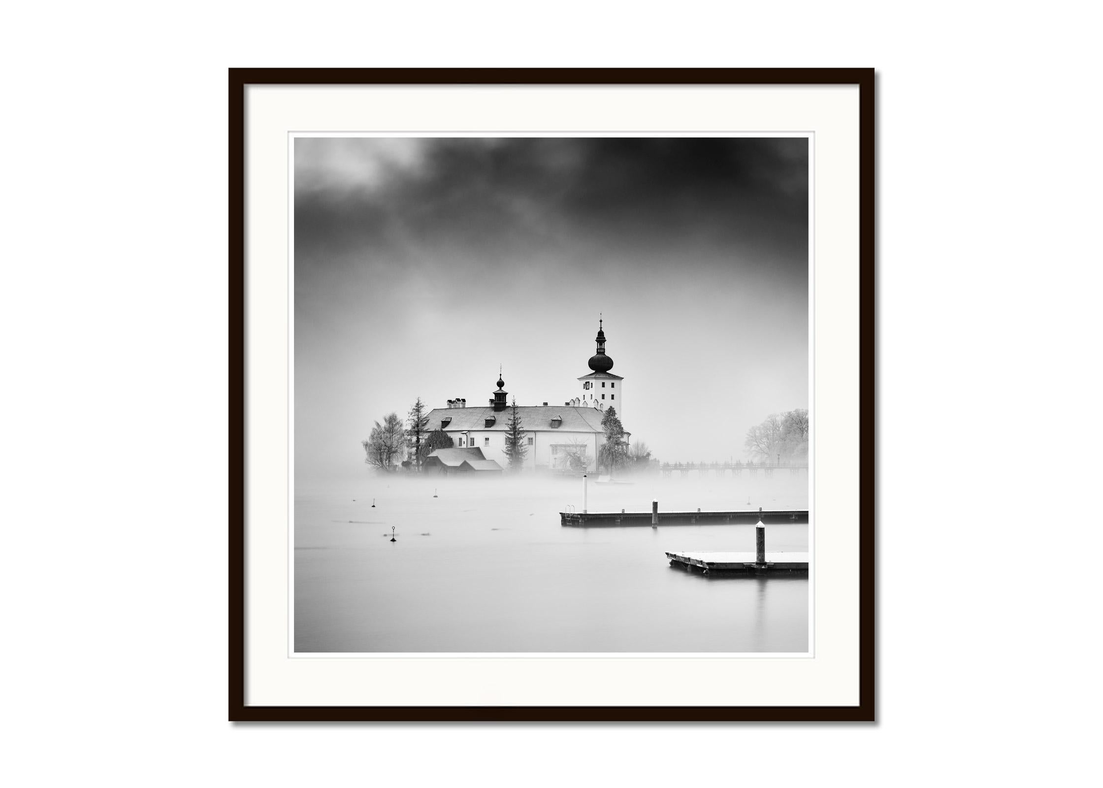 Seeschloss Ort, Gmunden, Austria, black and white art, landscape photography - Gray Landscape Photograph by Gerald Berghammer