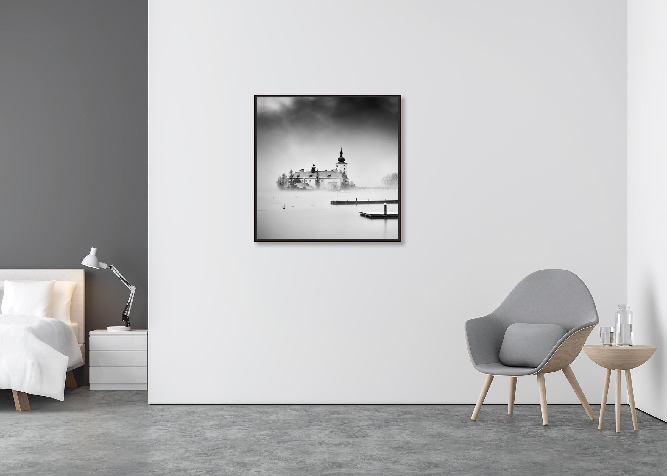 Seeschloss Ort, Gmunden, Austria, black and white art, landscape photography For Sale 1