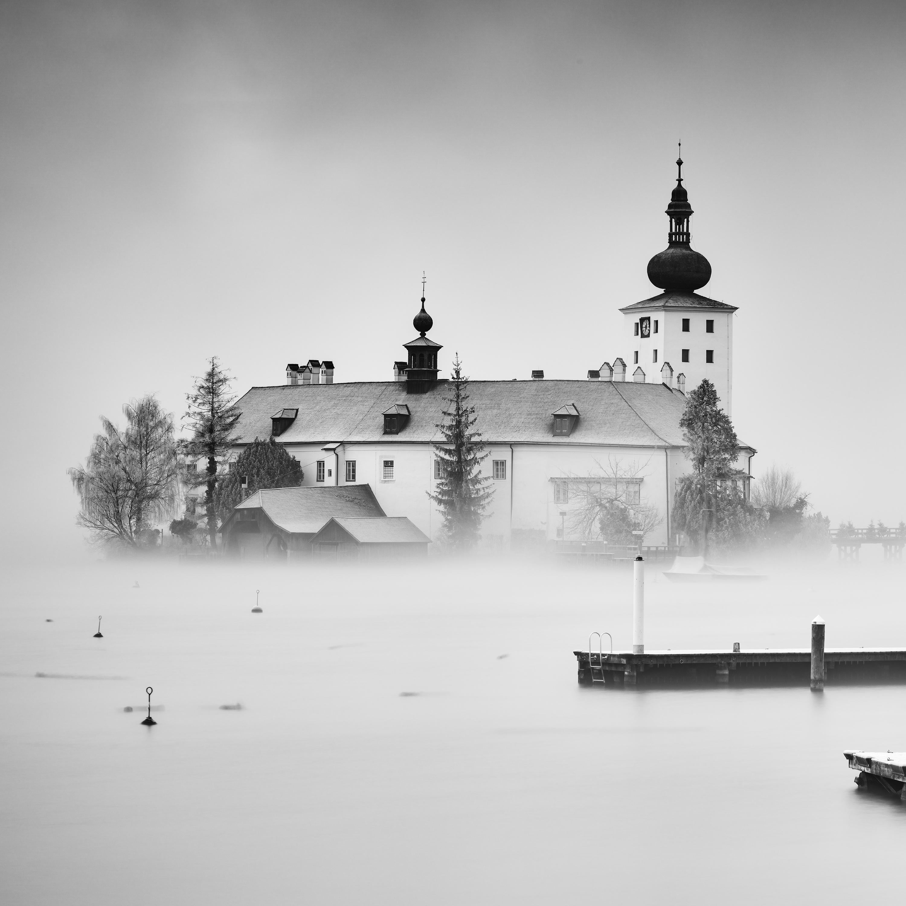 Seeschloss Ort, Gmunden, Austria, black and white art, landscape photography For Sale 3