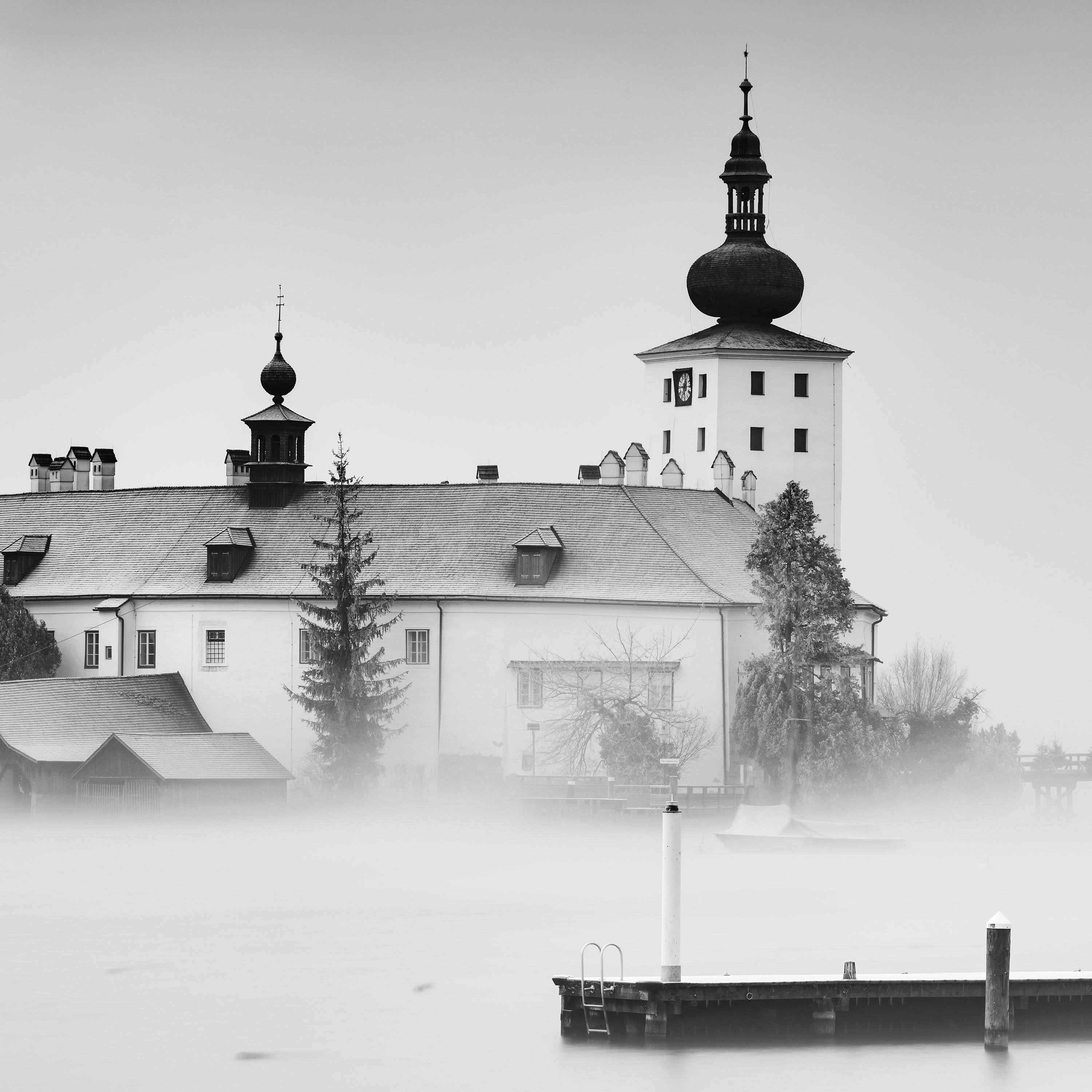 Seeschloss Ort, Gmunden, Austria, black and white art, landscape photography For Sale 4
