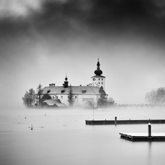 Seeschloss Ort, Gmunden, Austria, black and white art photography, fog landscape