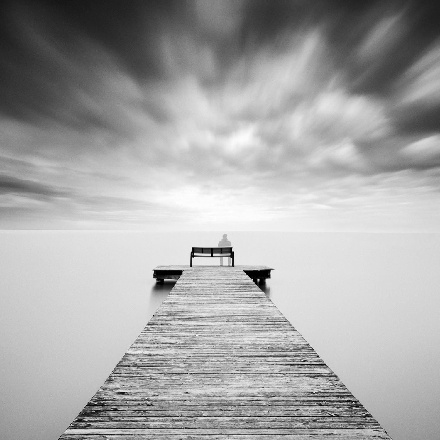 Self Portrait, Pier, Austria, black and white gelatin silver photography, framed - Photograph by Gerald Berghammer