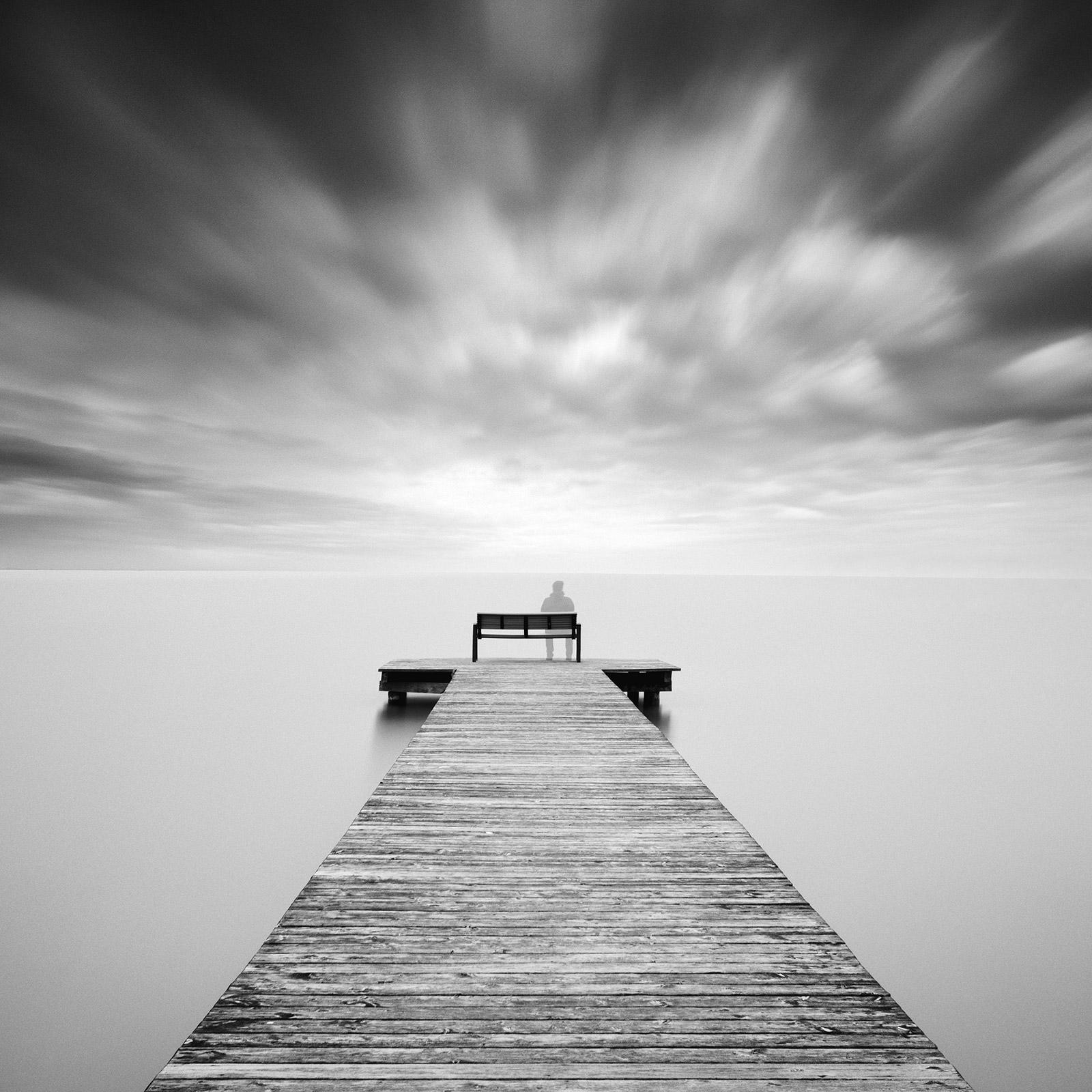 Gerald Berghammer Landscape Photograph - Self Portrait, lake, storm, black and white long exposure waterscape photography