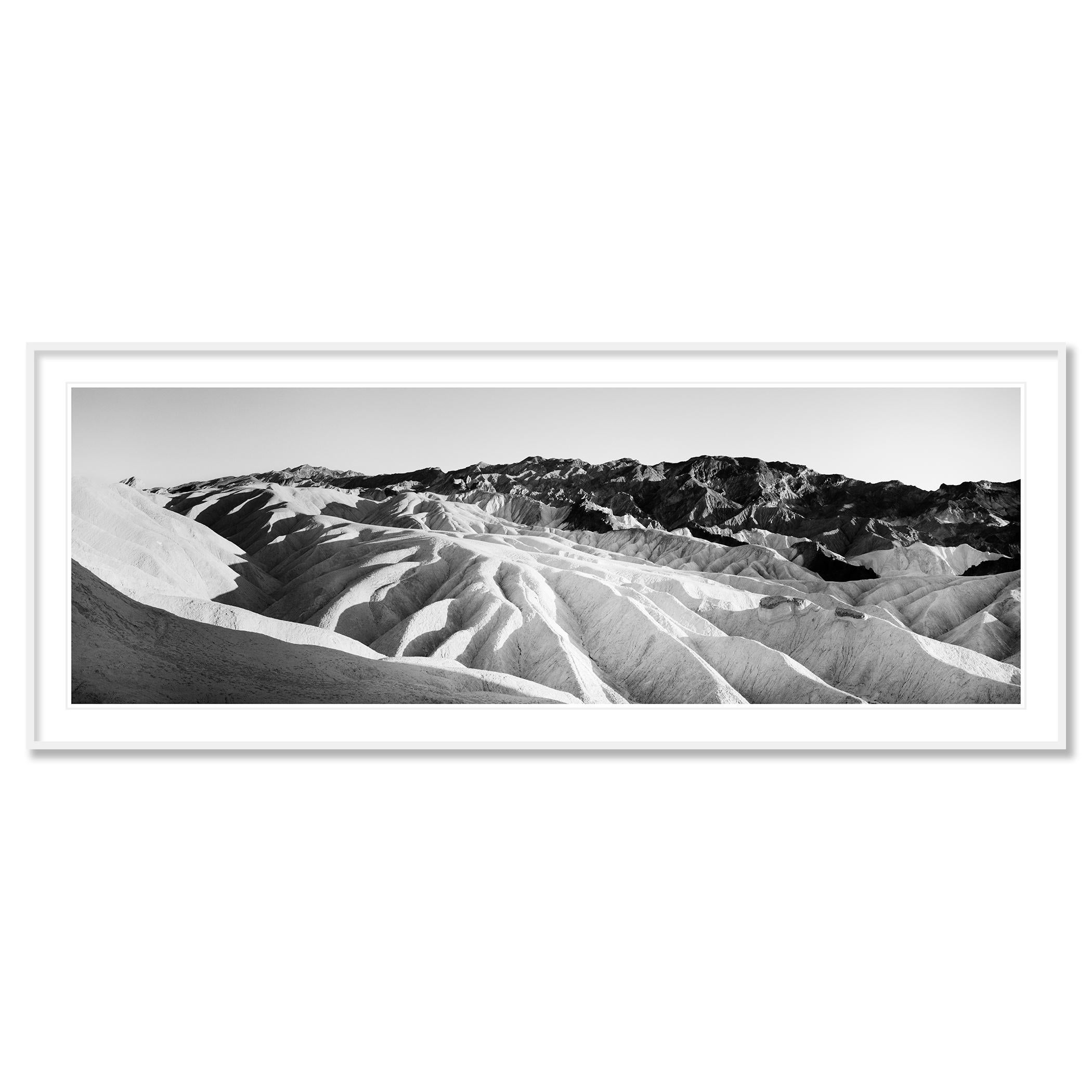 Gerald Berghammer - Analog panorama photography. Black and white photo of rugged desert landscape with mountainous terrain with deep valleys and ridges.
Archival pigment ink print as part of a limited edition of 9. 
All Gerald Berghammer prints are