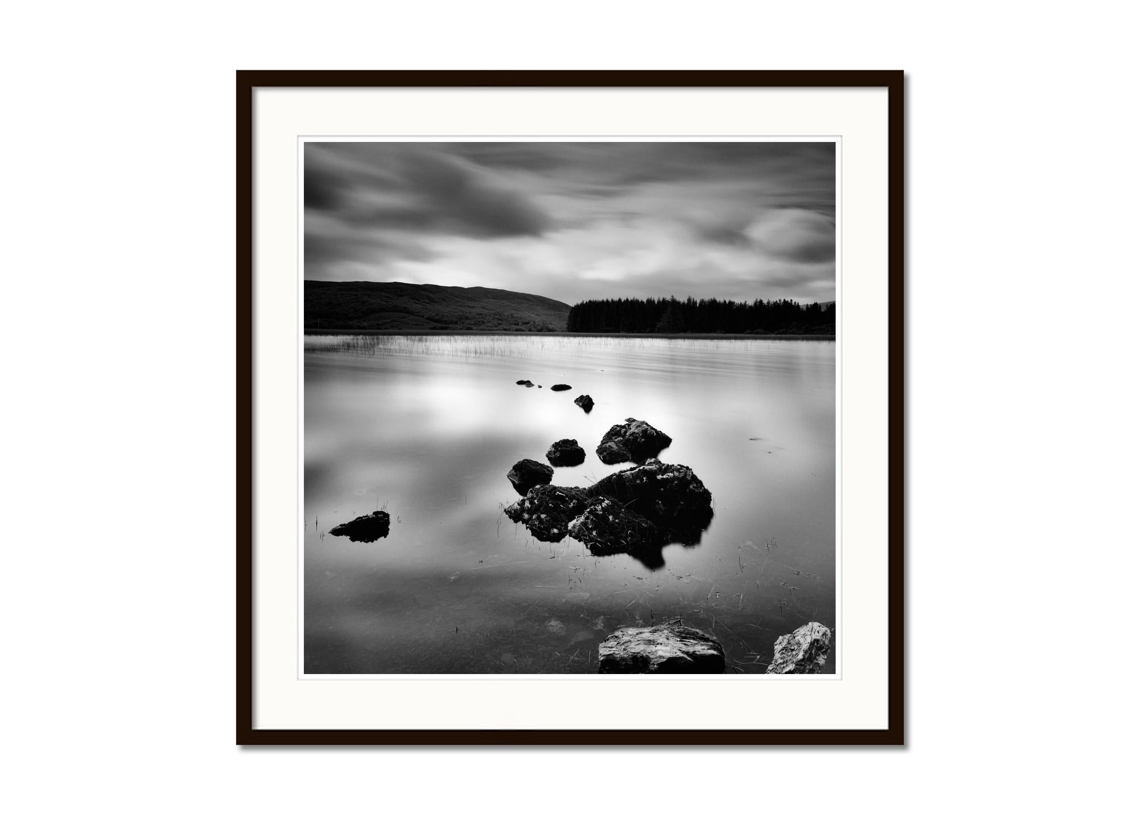 Shore and Stone lake view sunset in the highlands Scotland black white landscape - Gray Black and White Photograph by Gerald Berghammer