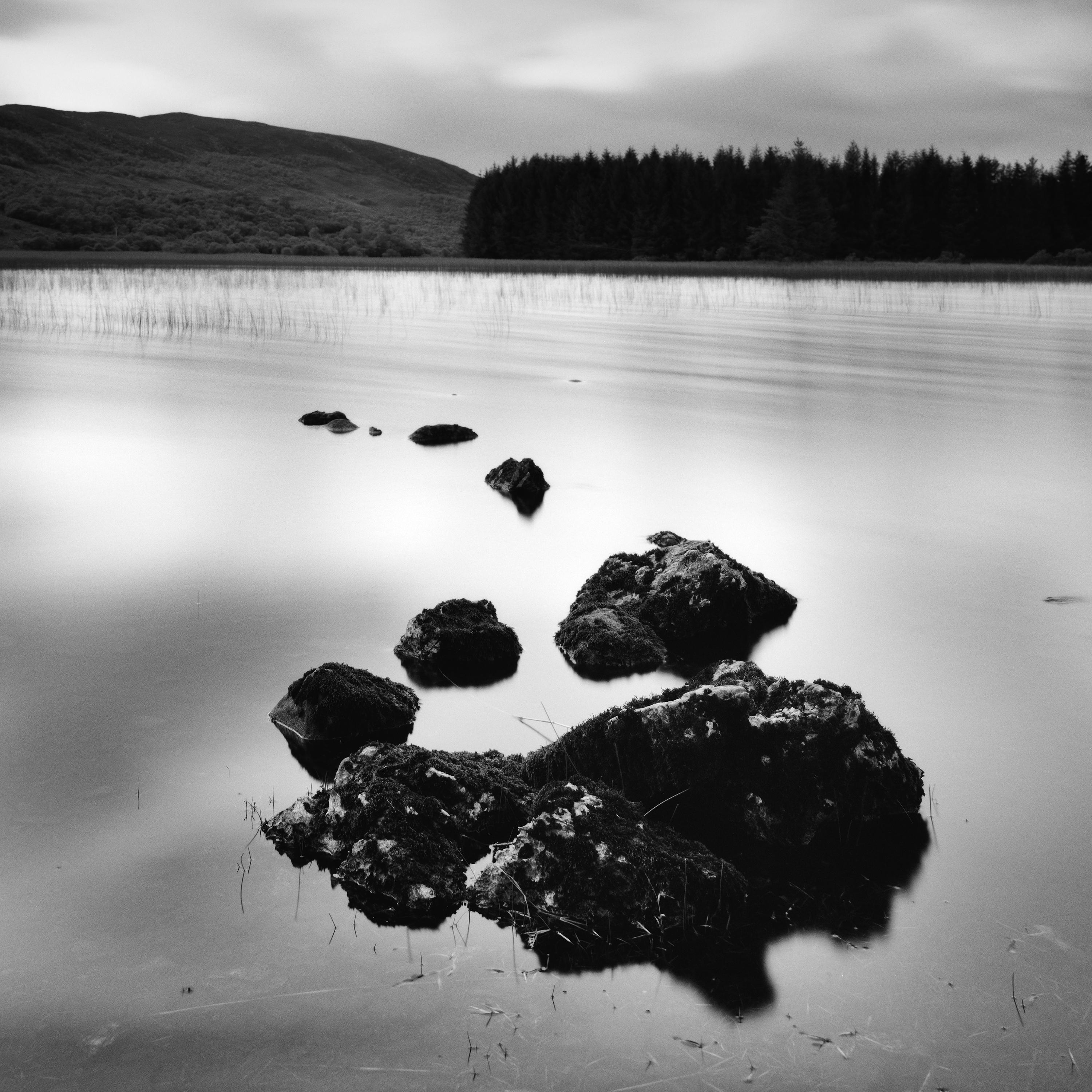 Shore and Stone lake view sunset in the highlands Scotland black white landscape For Sale 3