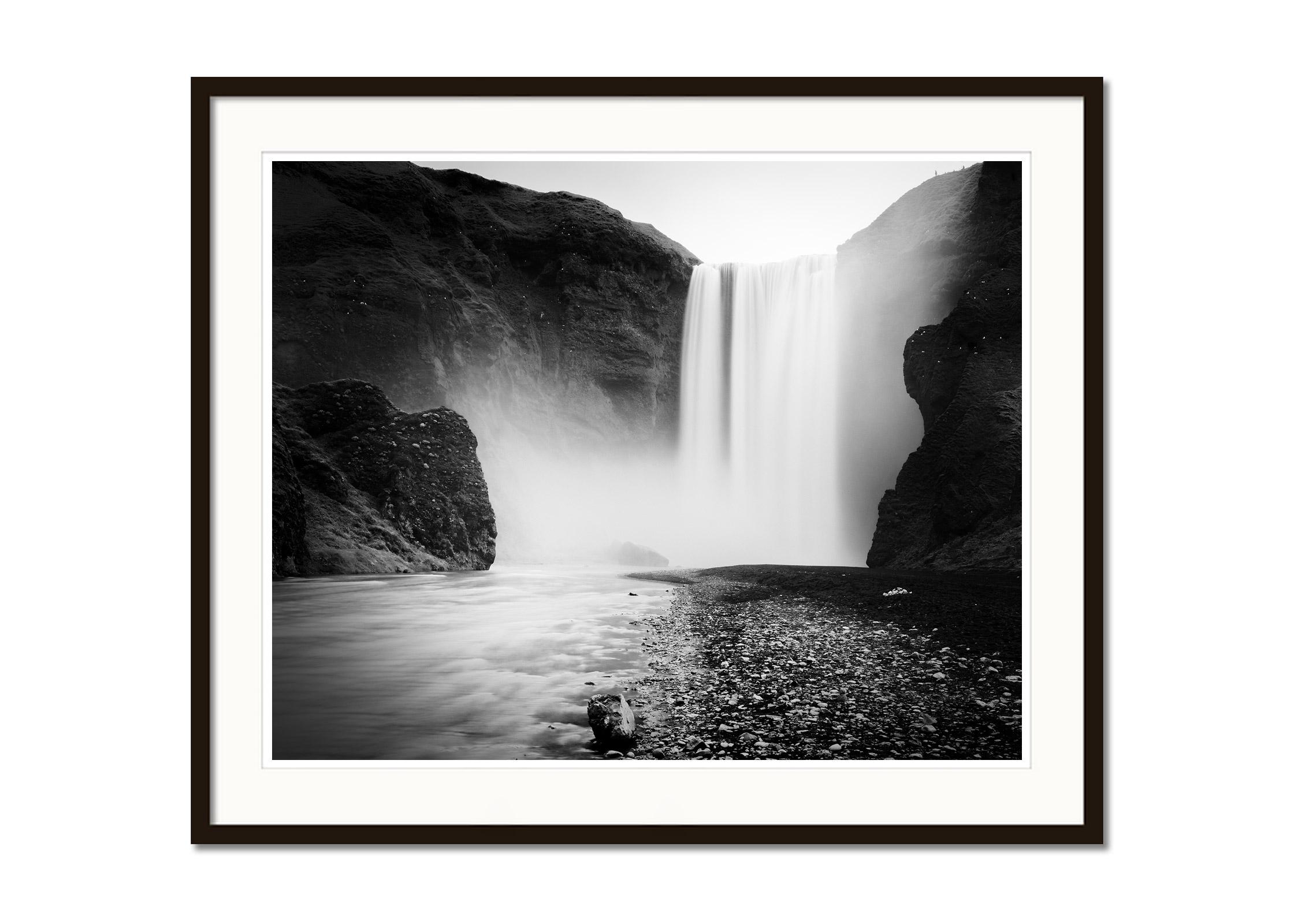 Skogafoss, Waterfall, Iceland, bnw, long exposure art waterscape photography - Black Landscape Photograph by Gerald Berghammer
