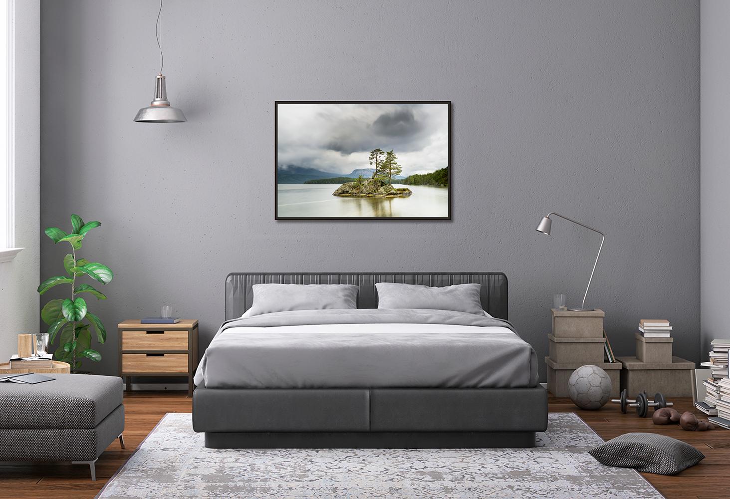 Kleine Berginsel mit Bäumen, großformatige Fotografie, Landschaft in limitierter Auflage im Angebot 1