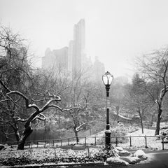 Snow covered Central Park, New York City, black and white cityscape photography