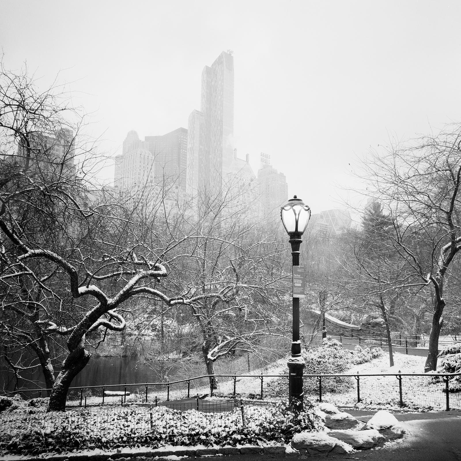 Snow covered Central Park New York City black and white cityscape photography