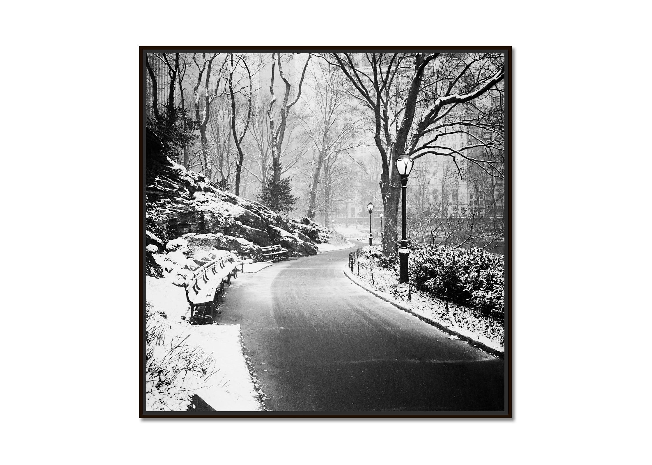 Snow covered Central Park, New York City, black and white cityscape photography - Photograph by Gerald Berghammer