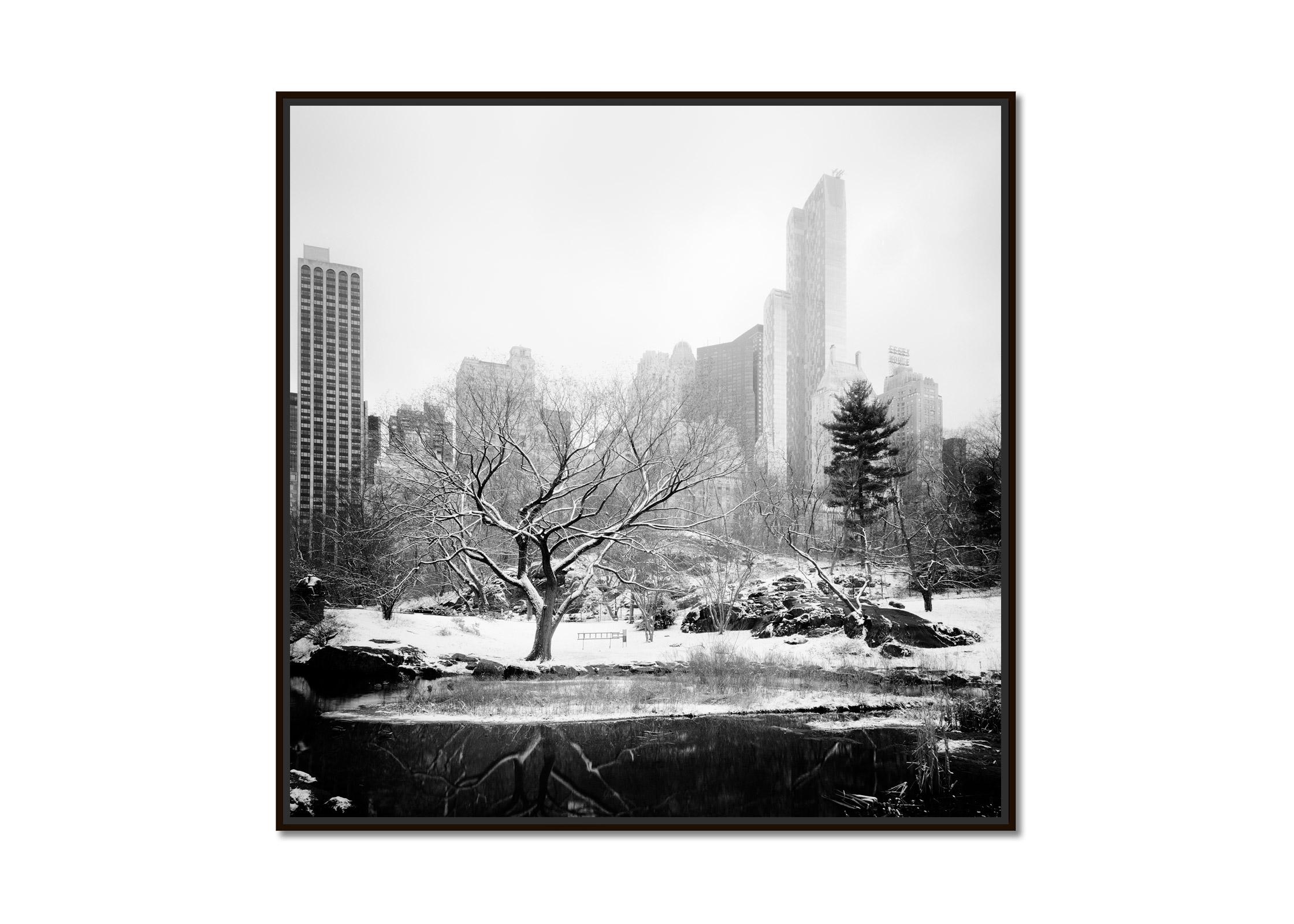Snow covered Central Park, New York City, black and white photography, cityscape - Photograph by Gerald Berghammer