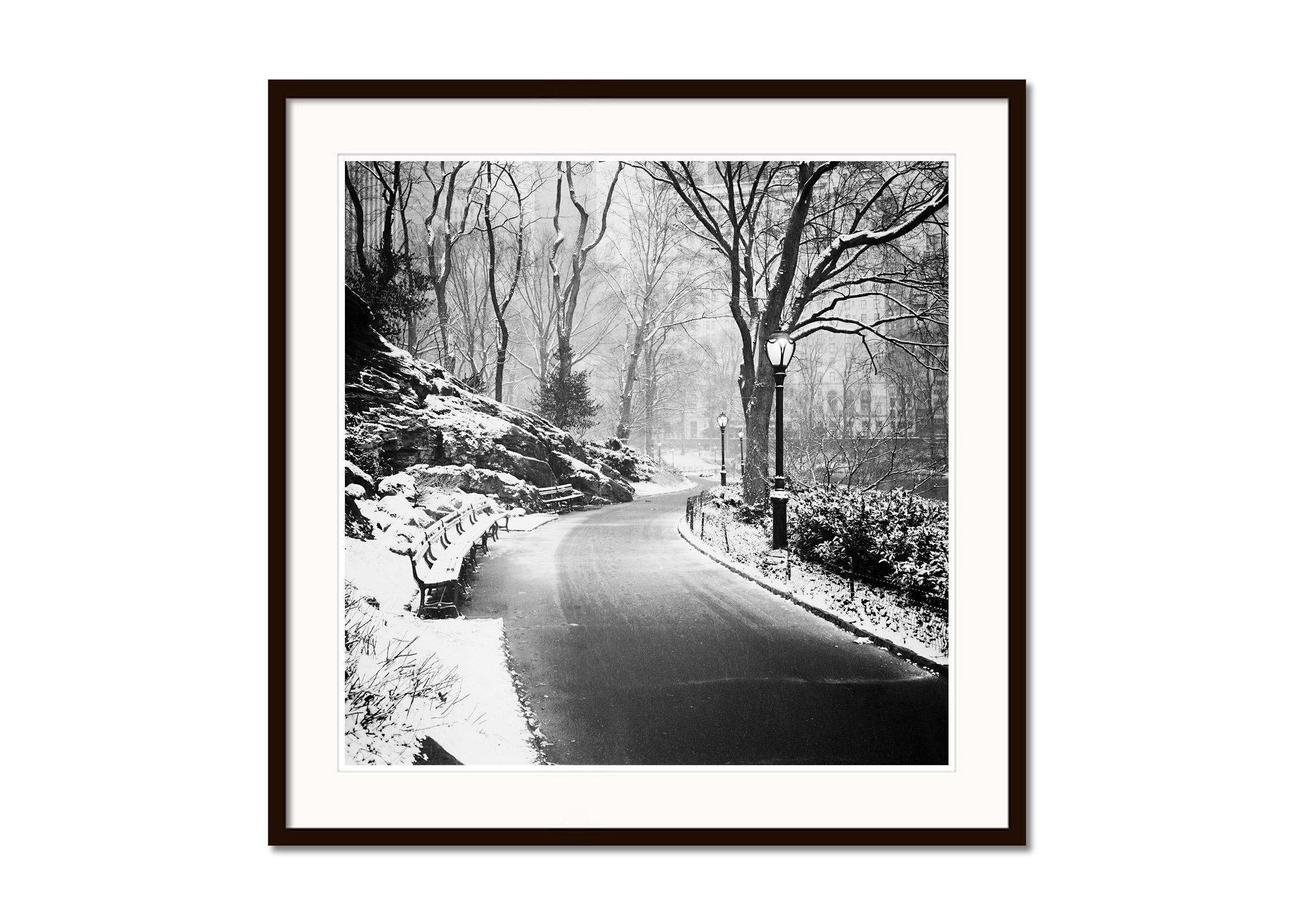 Snow covered Central Park, New York City, black and white cityscape photography - Jugendstil Photograph by Gerald Berghammer